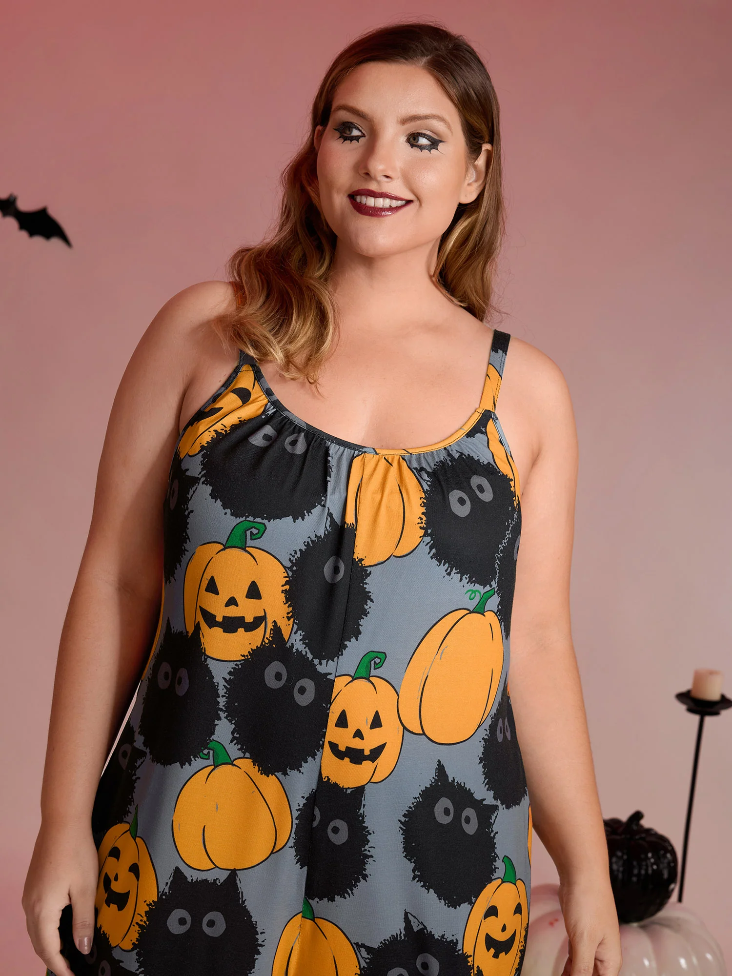 Pumpkin Everywhere Print Wide-Leg Pajama Jumpsuit - Image 2