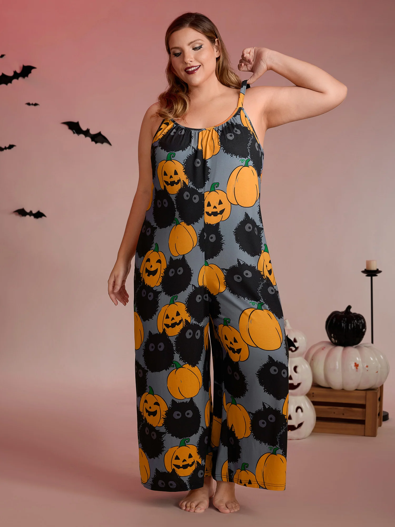 Pumpkin Everywhere Print Wide-Leg Pajama Jumpsuit - Image 3