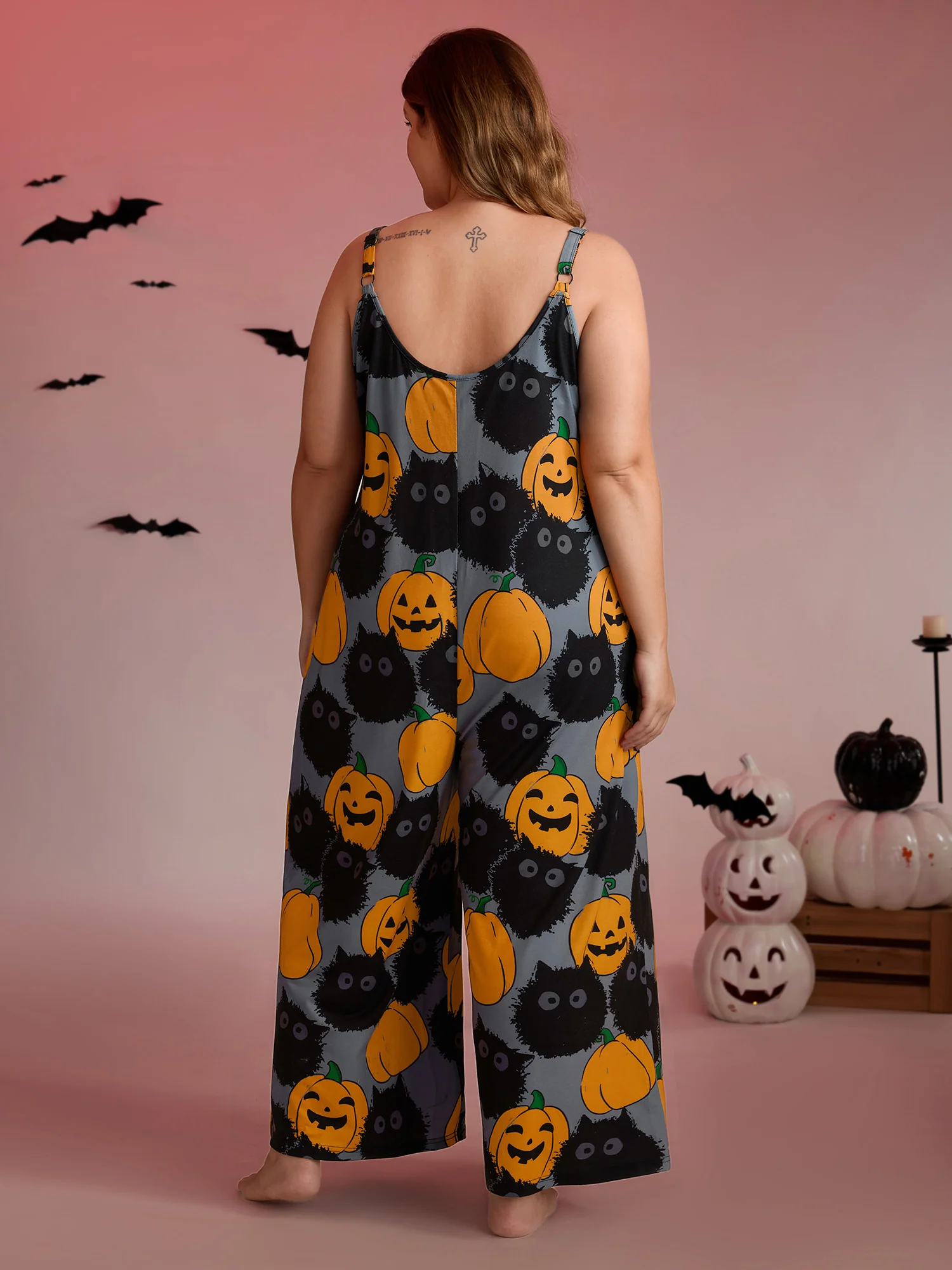 Pumpkin Everywhere Print Wide-Leg Pajama Jumpsuit - Image 4