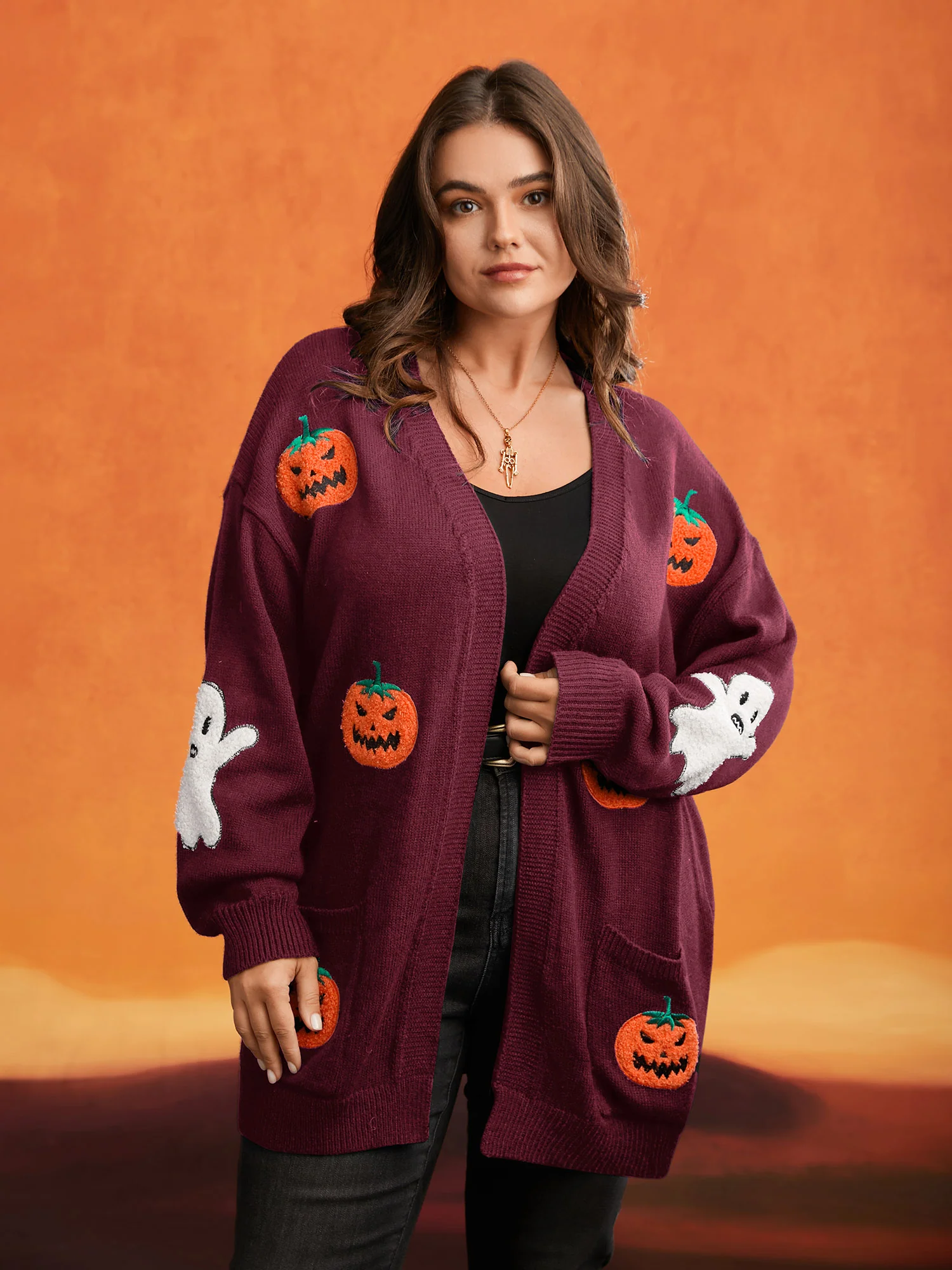 Pumpkin Ghost Embroidery Open Cardigan - Image 12