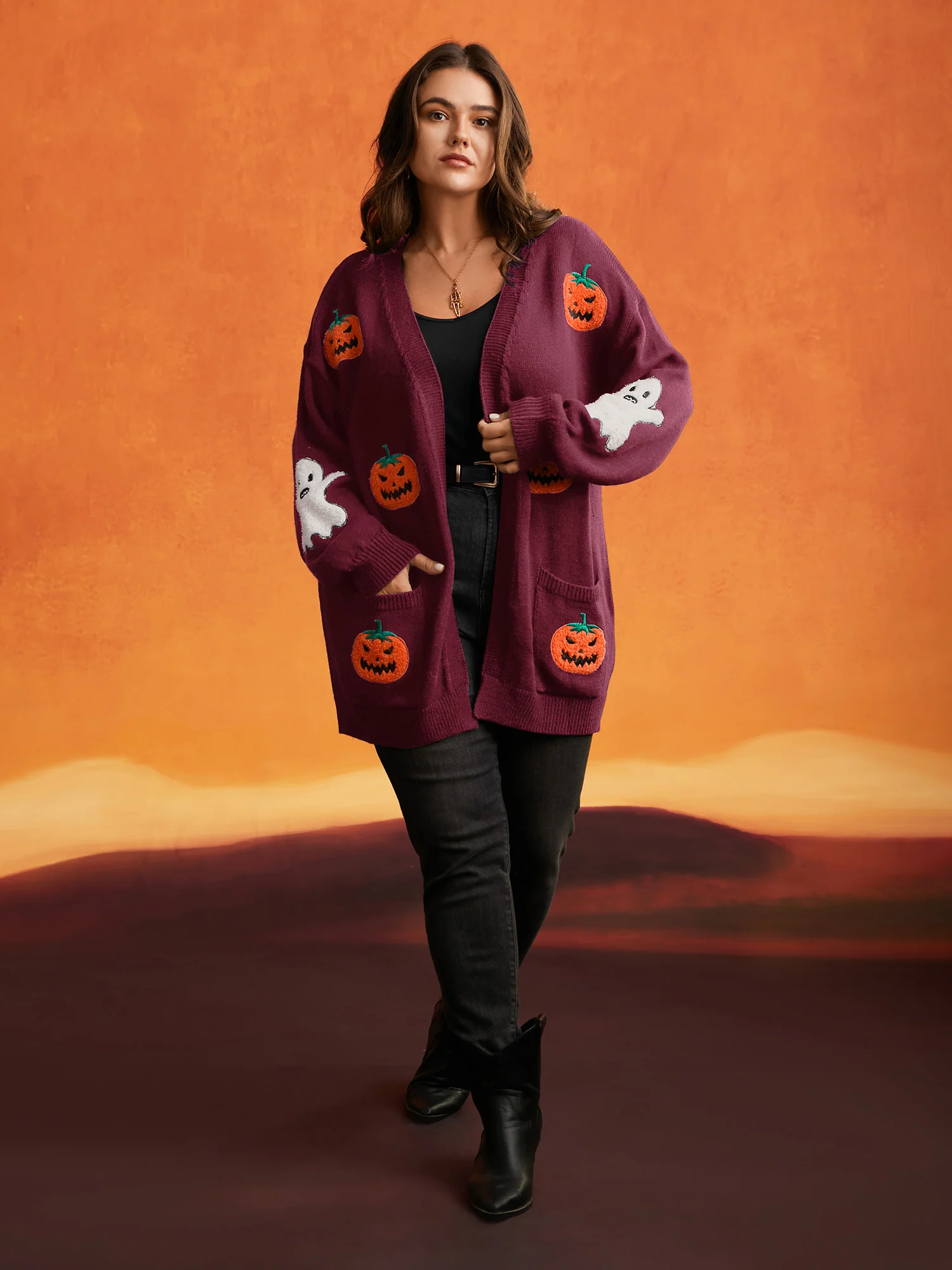 Pumpkin Ghost Embroidery Open Cardigan - Image 14