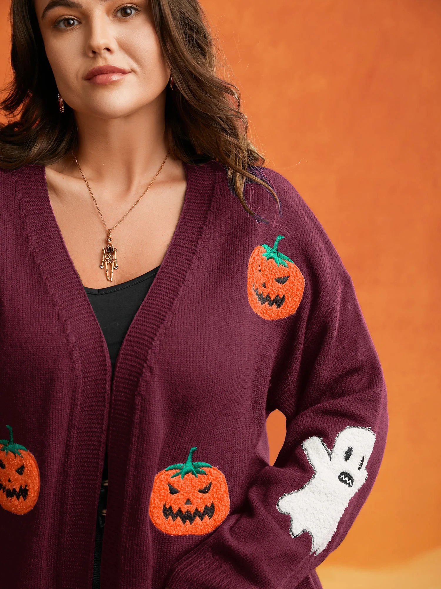 Pumpkin Ghost Embroidery Open Cardigan - Image 15