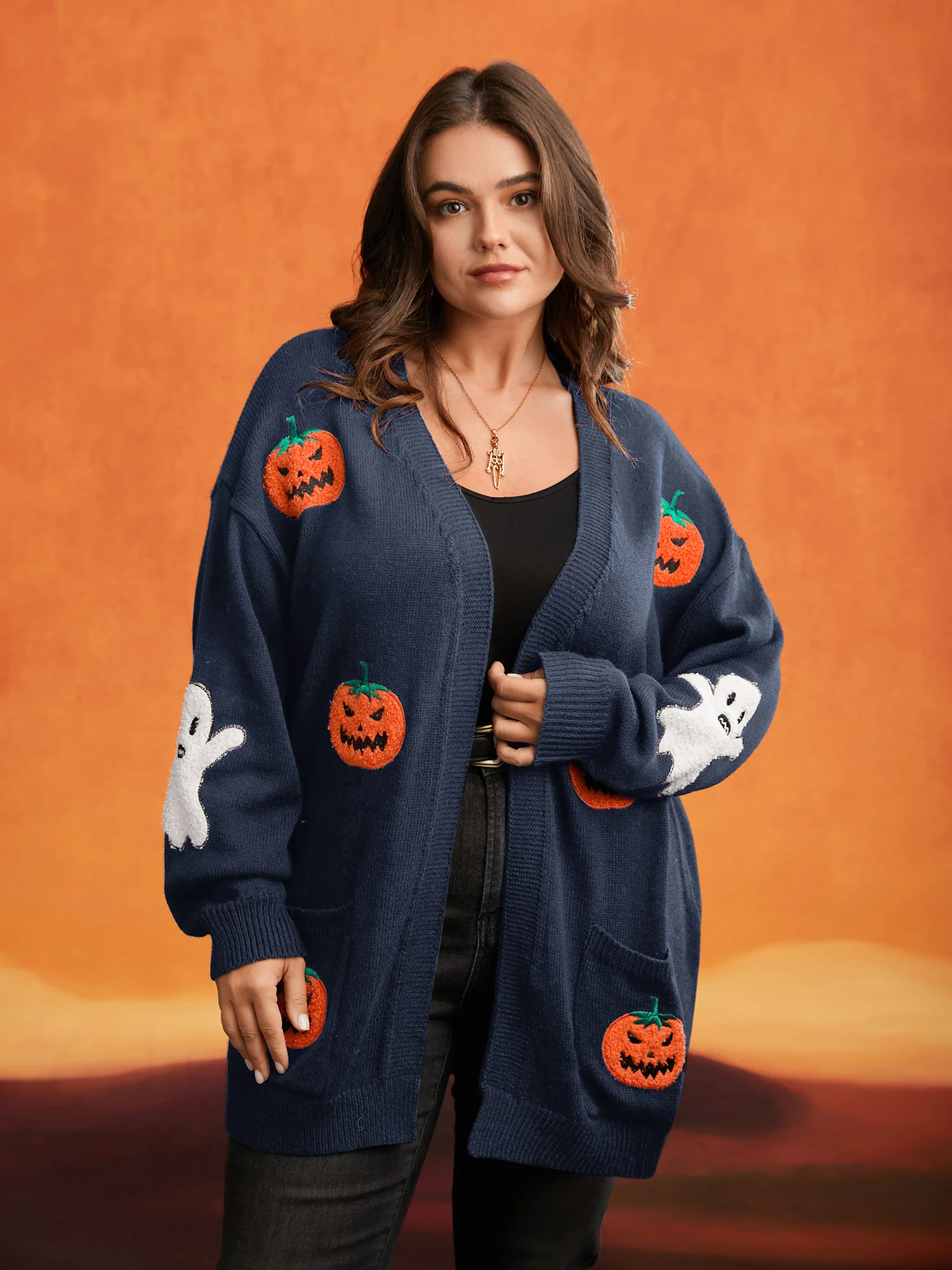 Pumpkin Ghost Embroidery Open Cardigan - Image 16