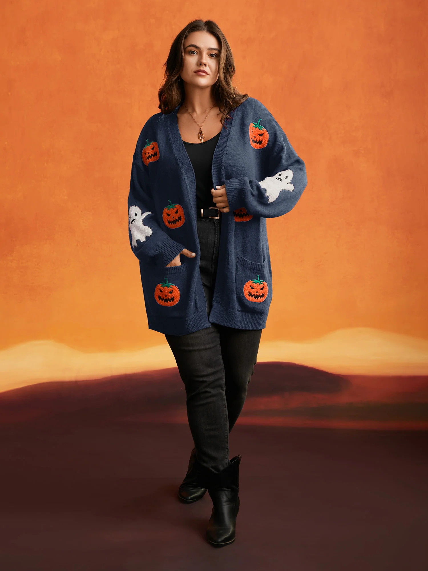 Pumpkin Ghost Embroidery Open Cardigan - Image 18