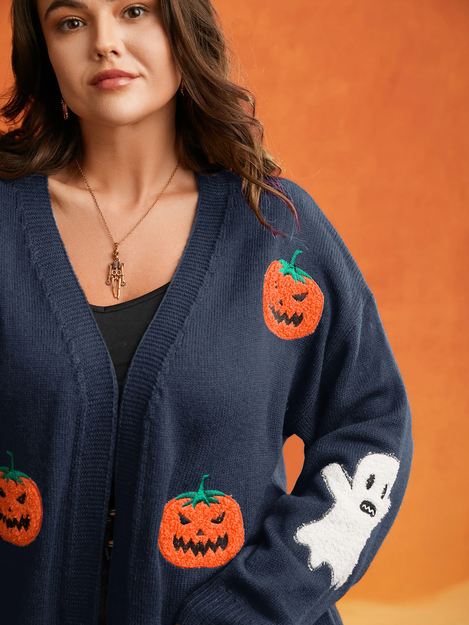 Pumpkin Ghost Embroidery Open Cardigan - Image 19
