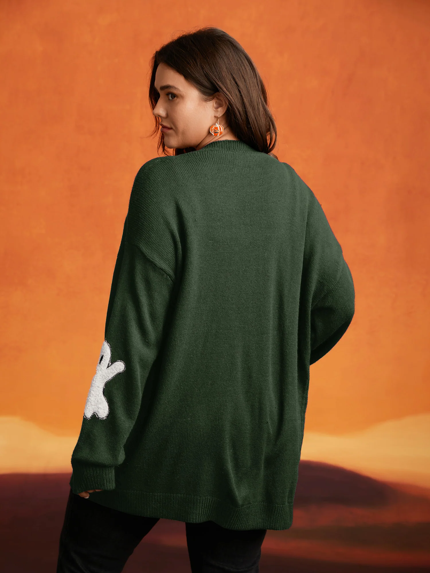 Pumpkin Ghost Embroidery Open Cardigan - Image 2