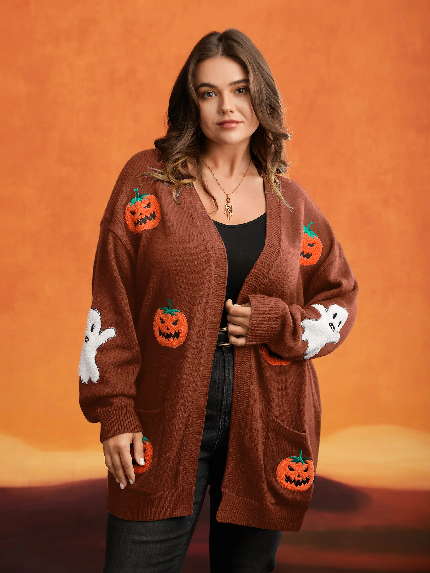 Pumpkin Ghost Embroidery Open Cardigan - Image 20