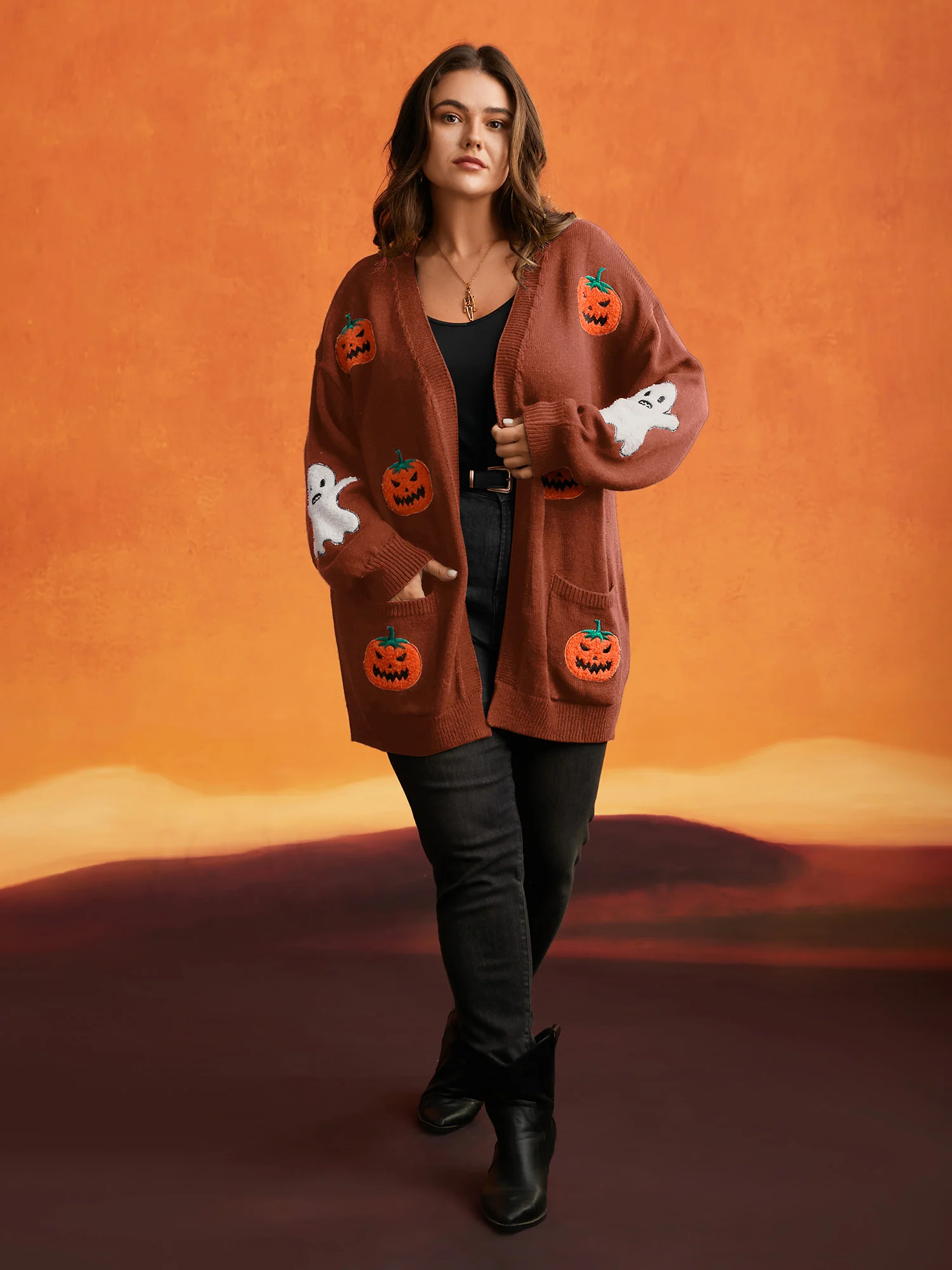 Pumpkin Ghost Embroidery Open Cardigan - Image 22