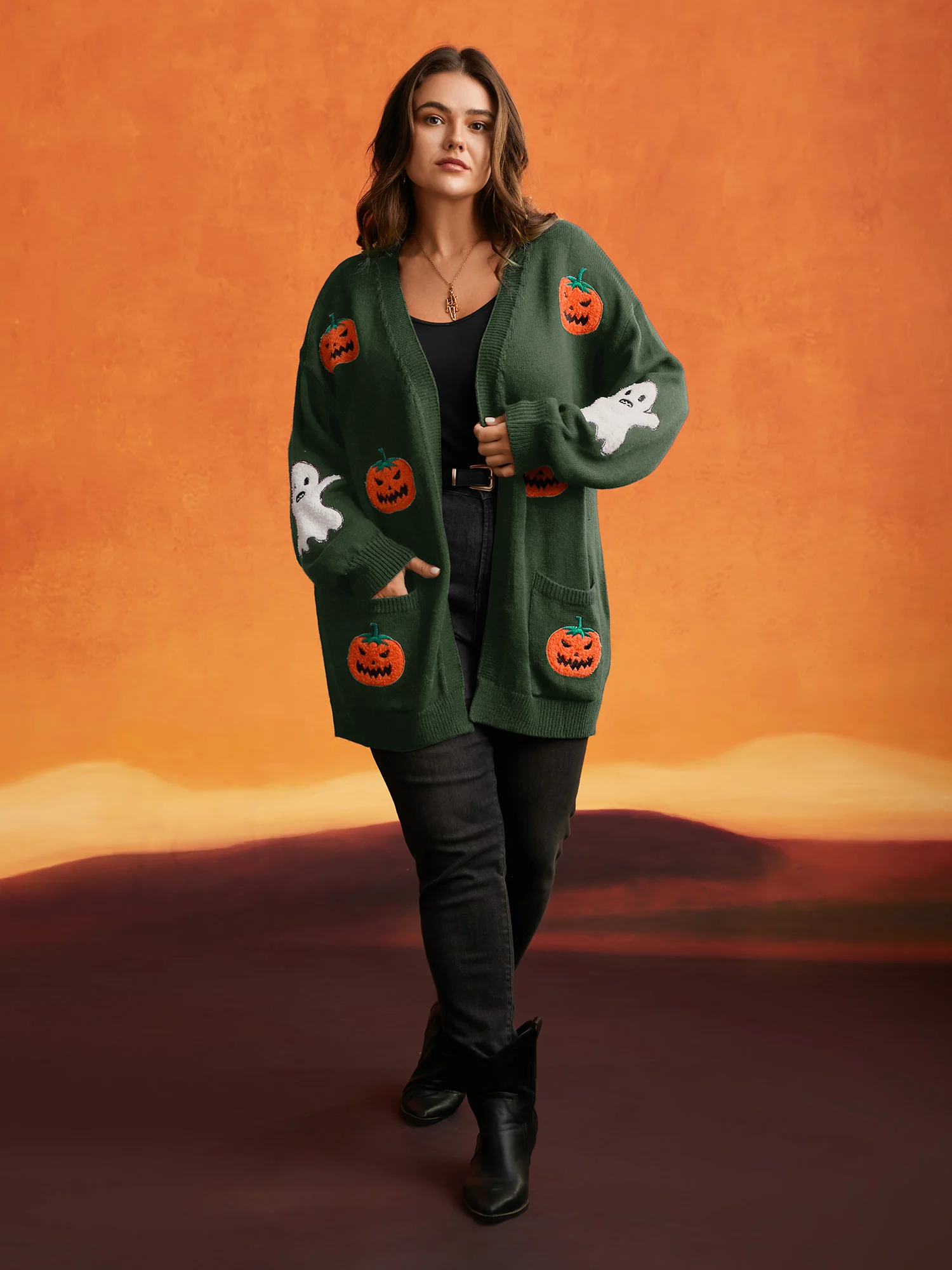 Pumpkin Ghost Embroidery Open Cardigan - Image 3