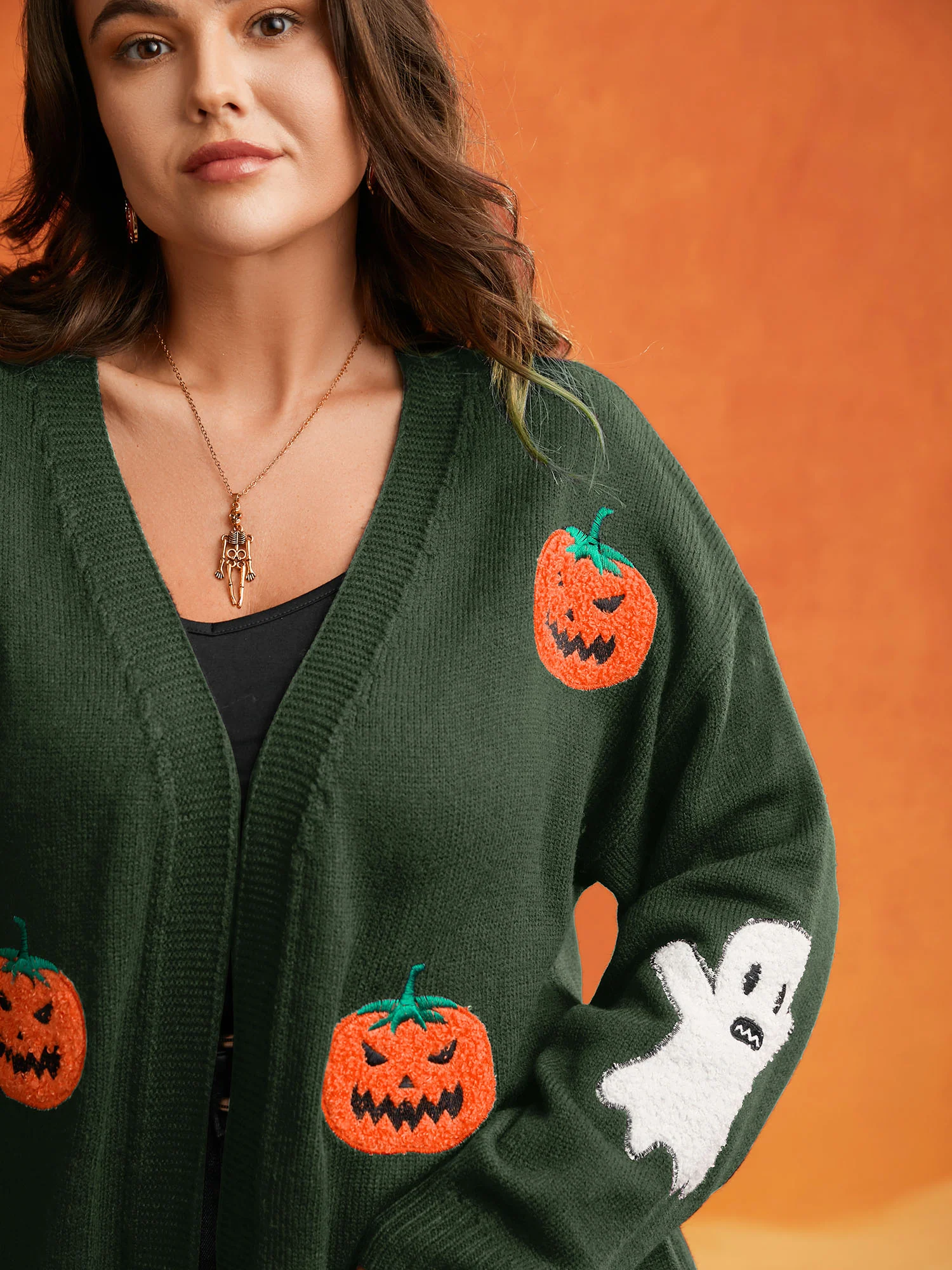 Pumpkin Ghost Embroidery Open Cardigan - Image 4