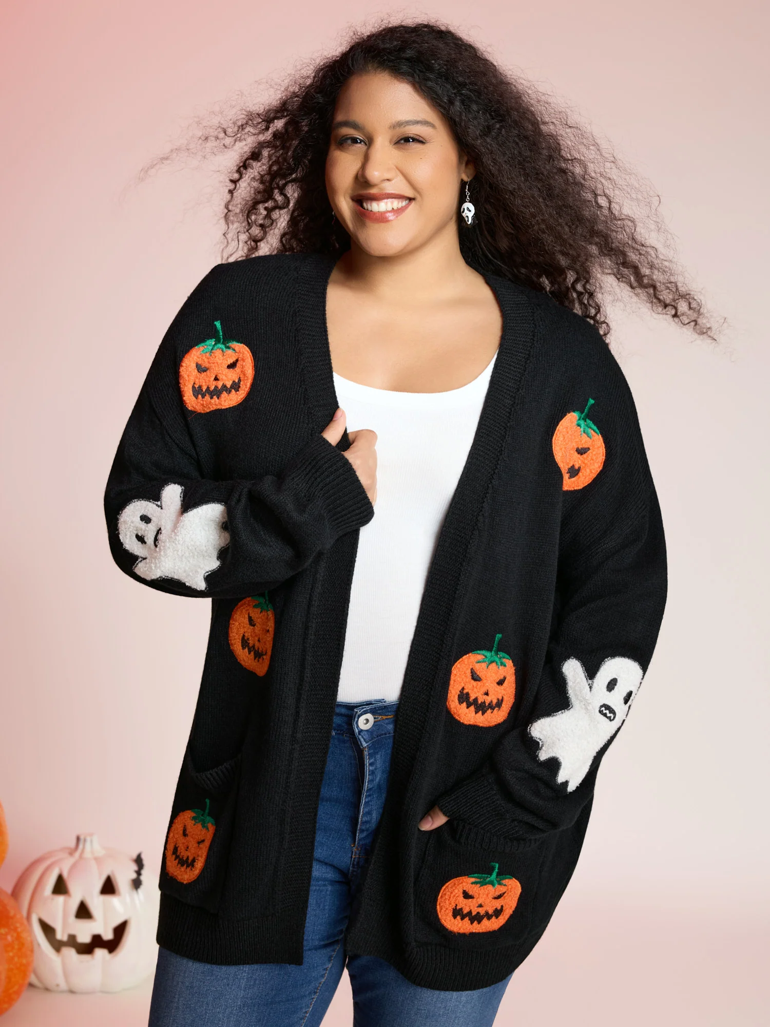 Pumpkin Ghost Embroidery Open Cardigan - Image 5