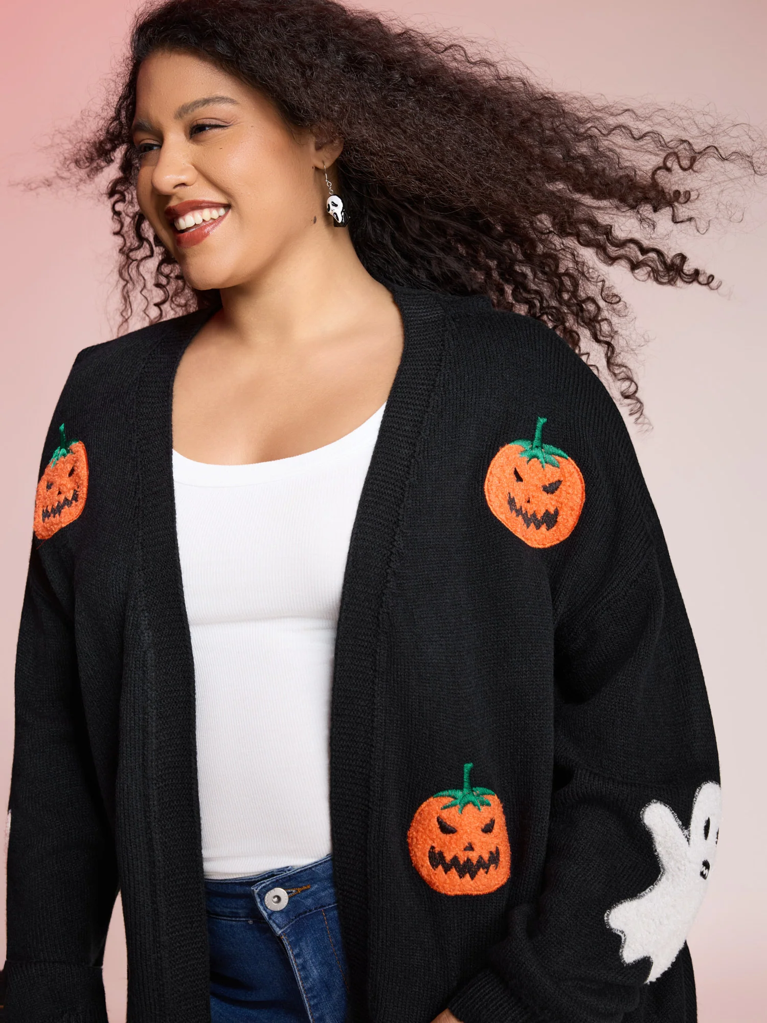 Pumpkin Ghost Embroidery Open Cardigan - Image 6