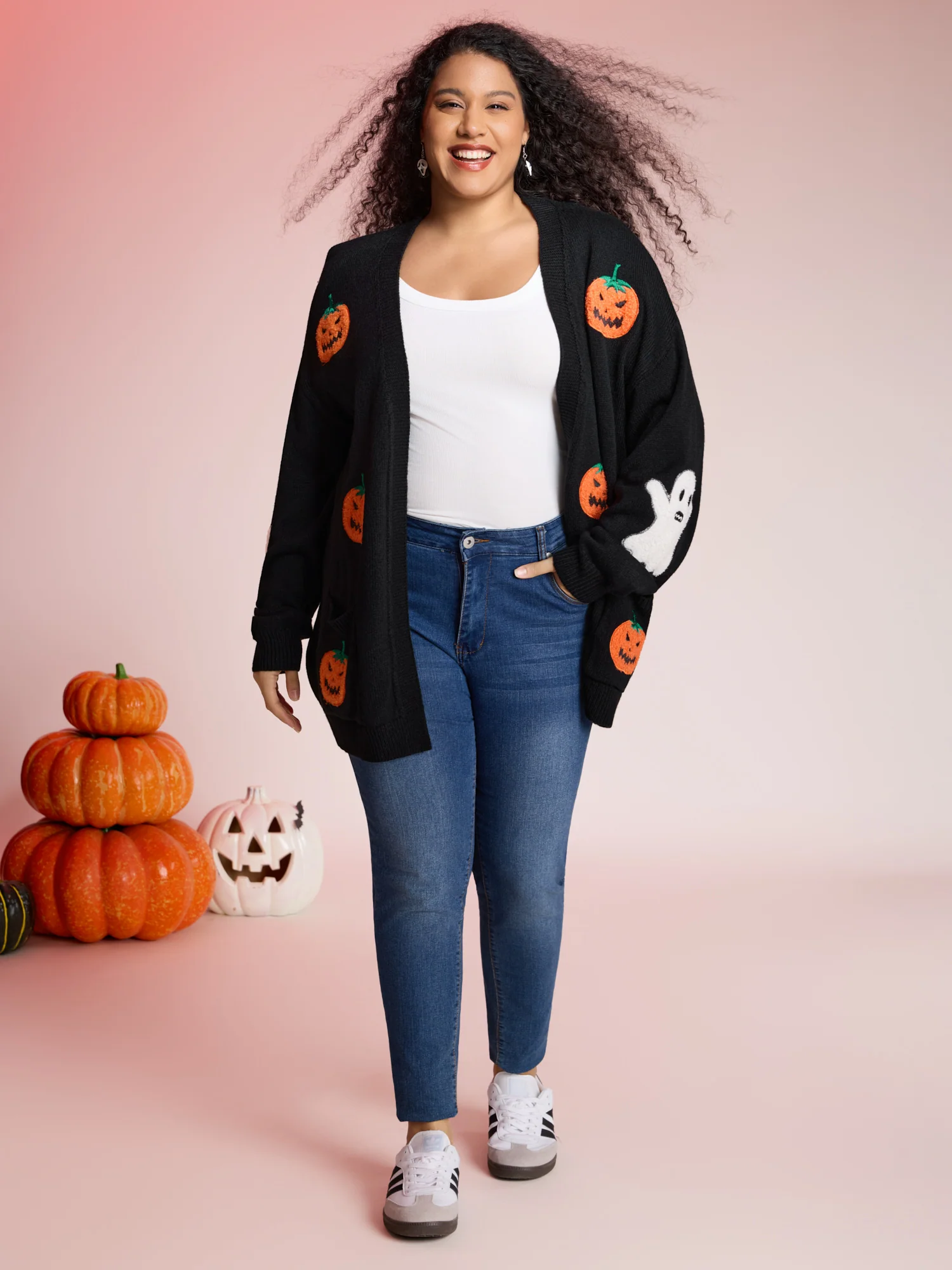 Pumpkin Ghost Embroidery Open Cardigan - Image 7