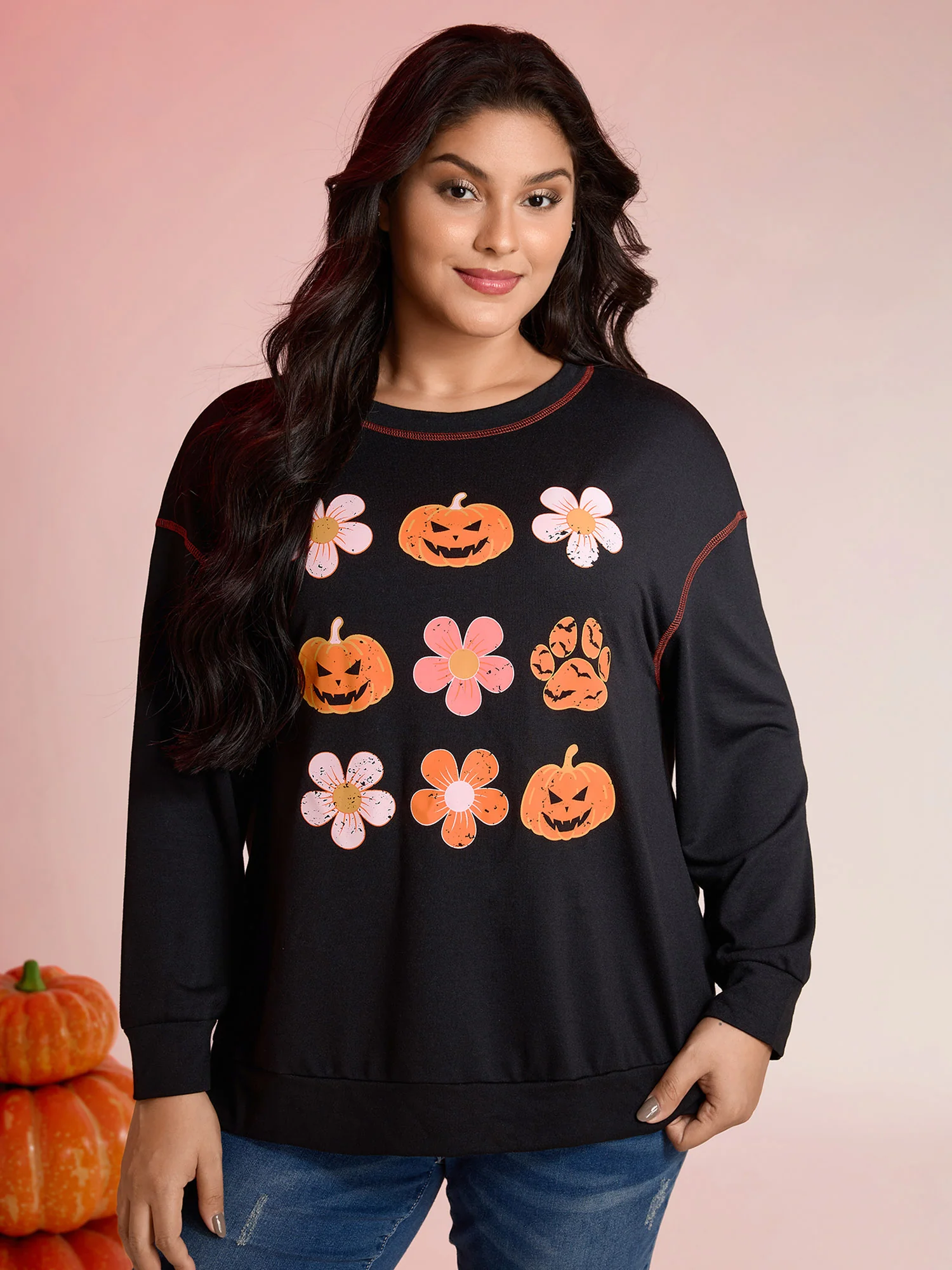Pumpkin Halloween Print Drop Shoulder Sweatshirt - Image 2