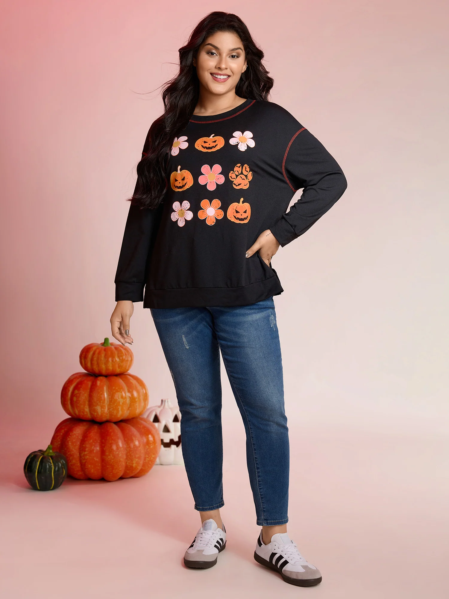 Pumpkin Halloween Print Drop Shoulder Sweatshirt - Image 3