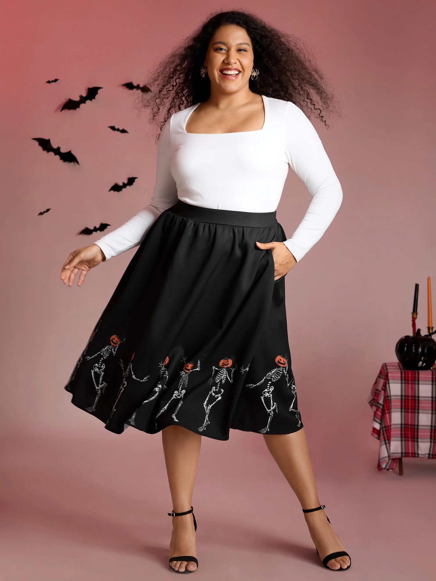 Pumpkin Head Skeleton Print Flared Midi Dress - Image 2