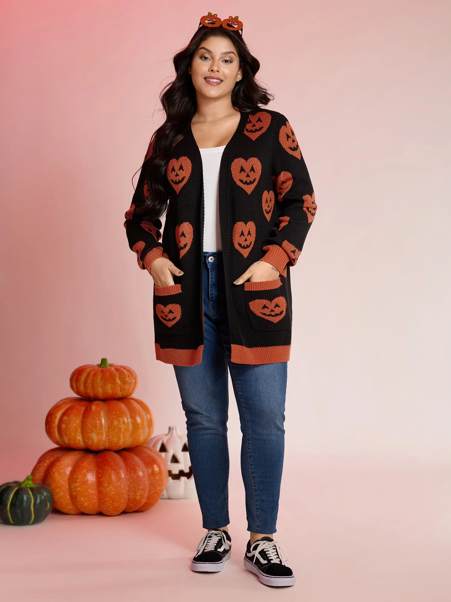 Pumpkin Hearts Halloween Pockets Cardigan - Image 3