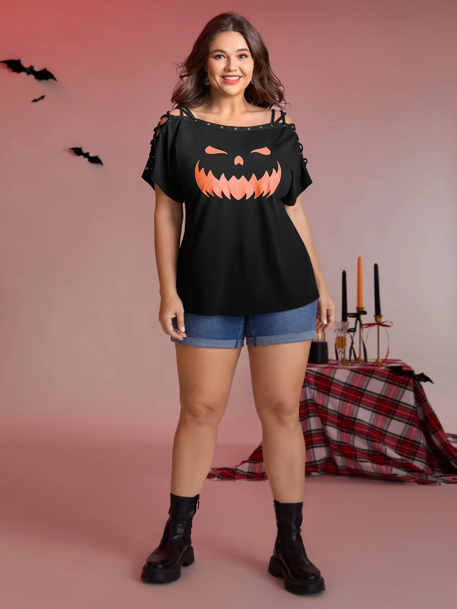 Pumpkin Motif Strap Loop Shoulder T-Shirt - Image 3