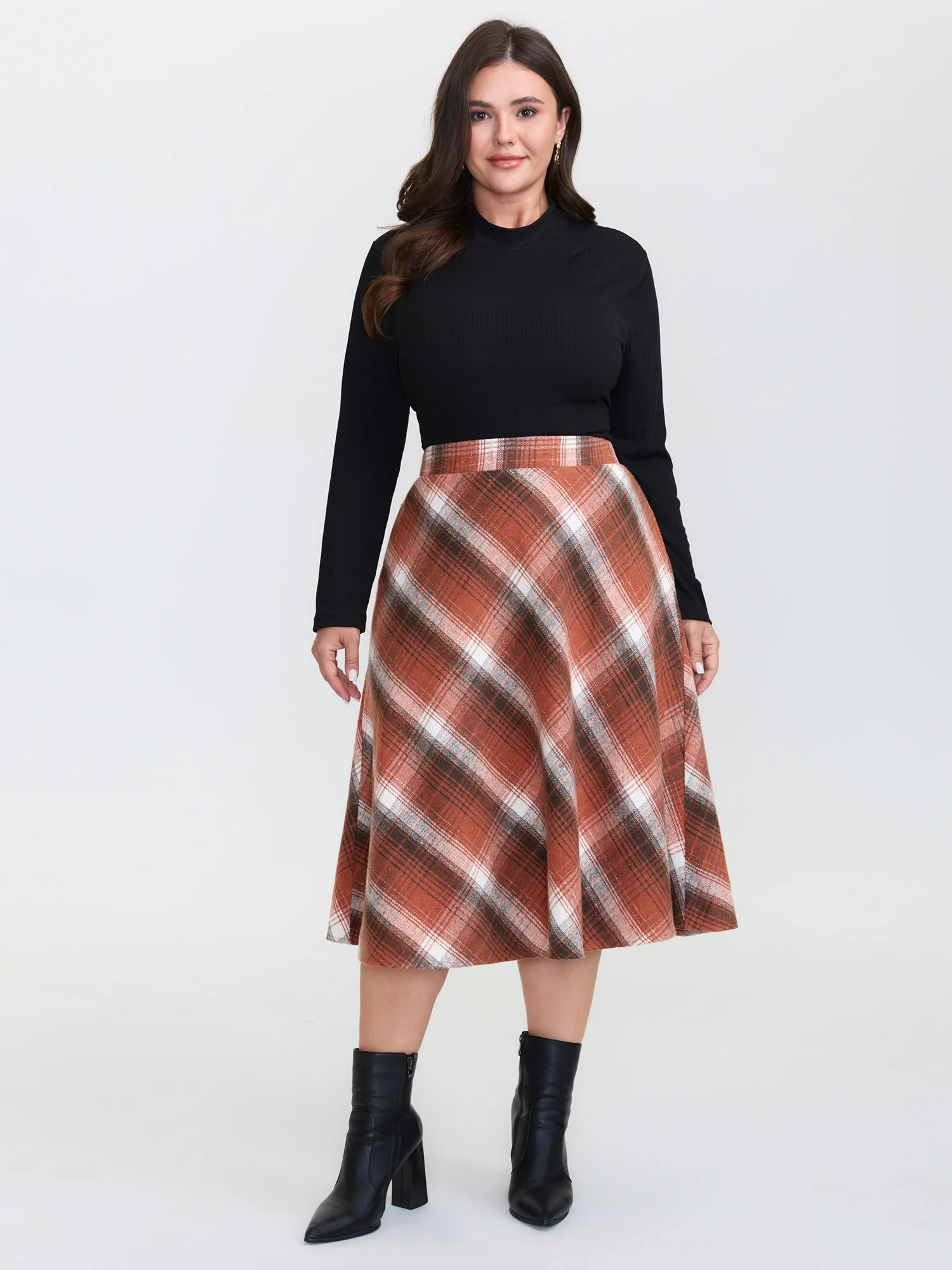 Pumpkin Plaid Print Halloween Midi Skirt - Image 2