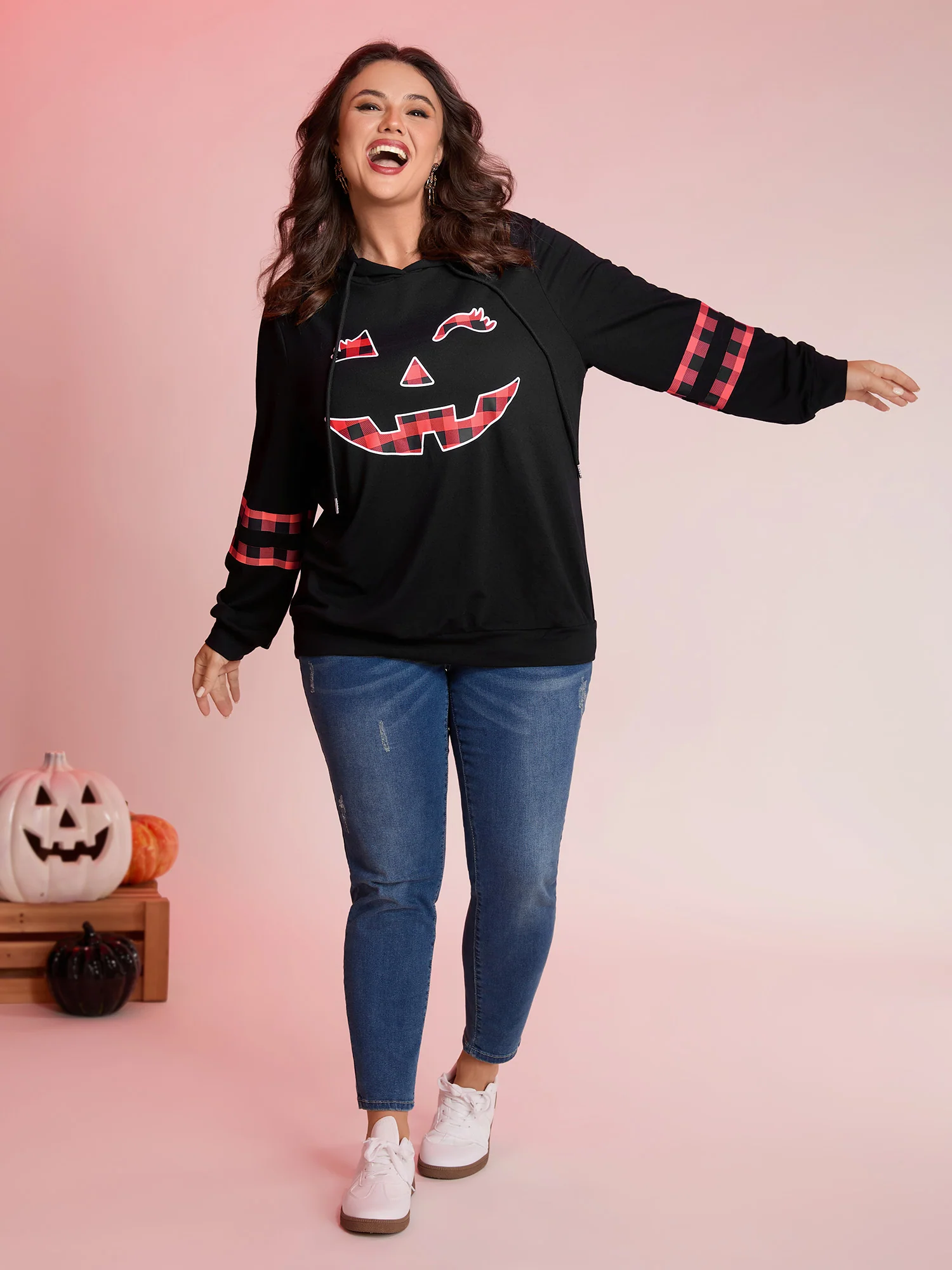 Pumpkin Plaid Print Solid Hoodie - Image 10