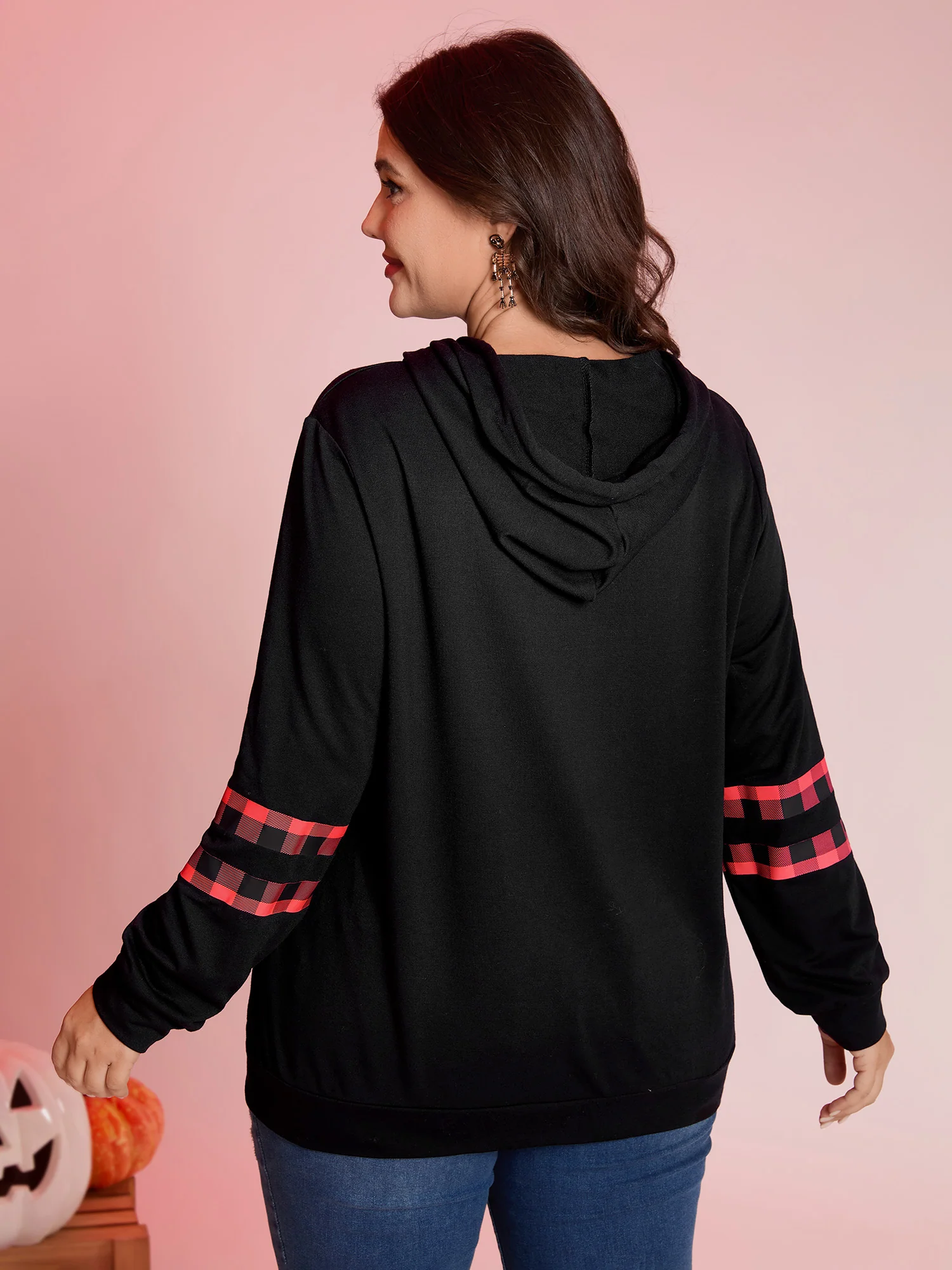 Pumpkin Plaid Print Solid Hoodie - Image 11