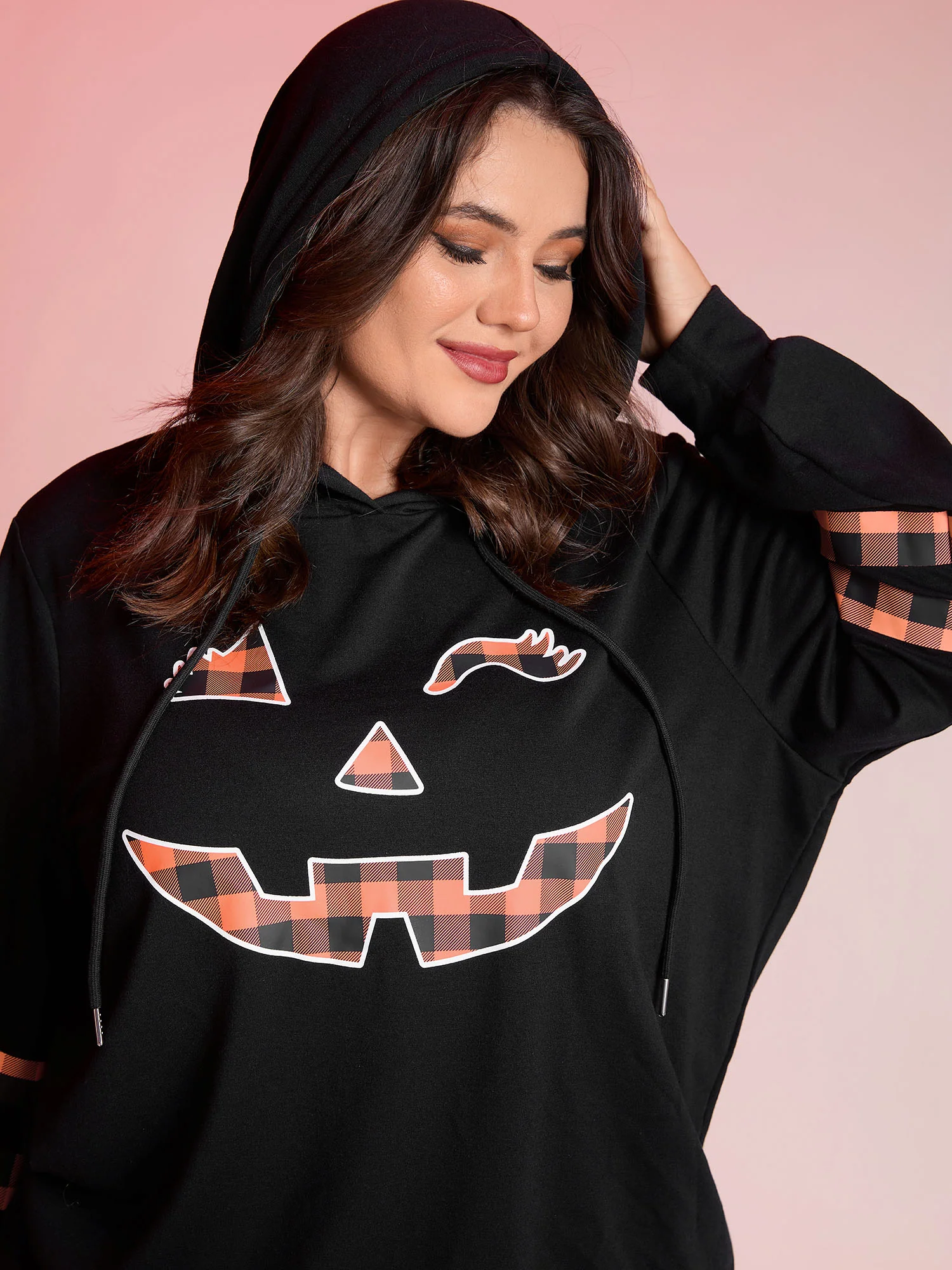 Pumpkin Plaid Print Solid Hoodie - Image 2