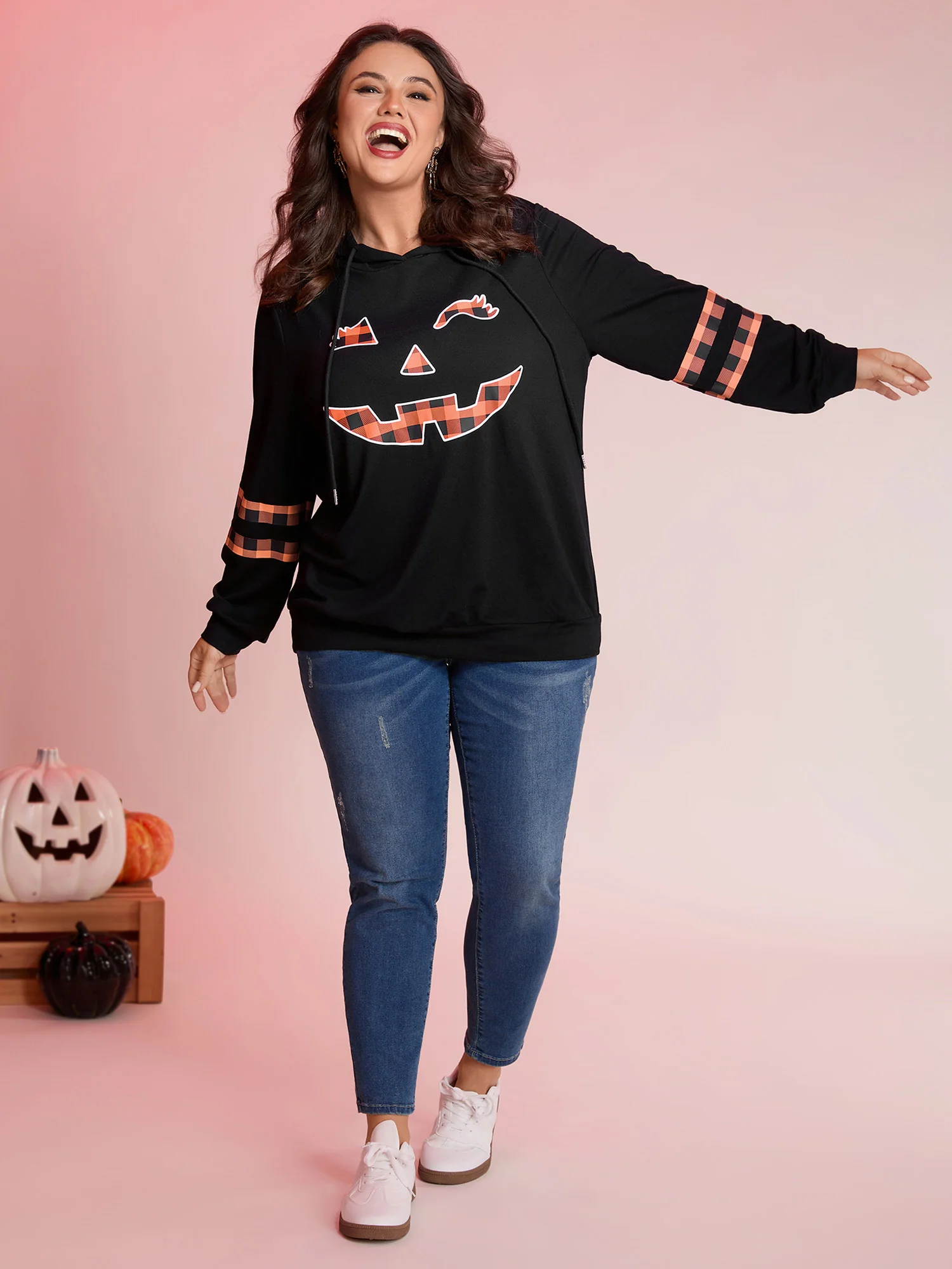 Pumpkin Plaid Print Solid Hoodie - Image 3