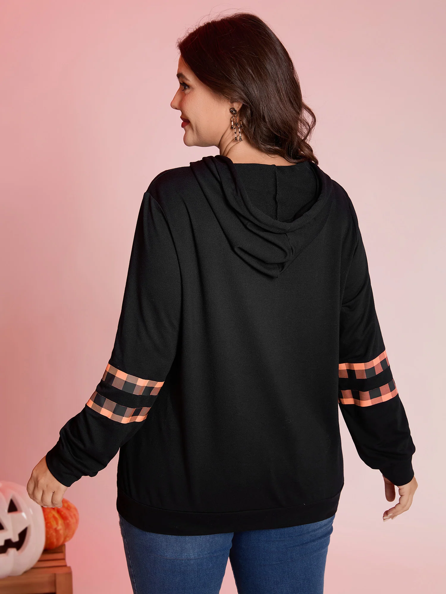 Pumpkin Plaid Print Solid Hoodie - Image 4