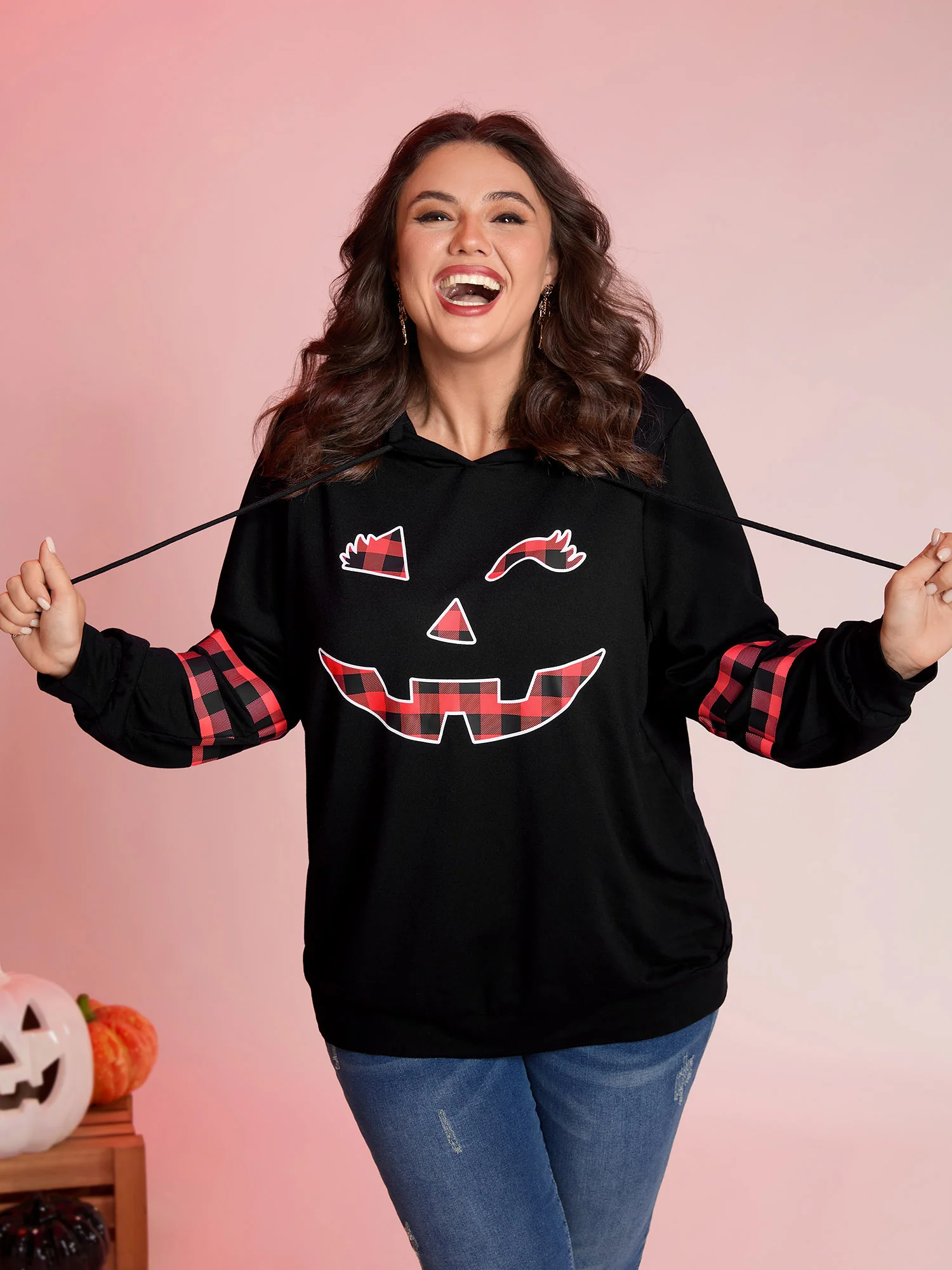 Pumpkin Plaid Print Solid Hoodie - Image 8