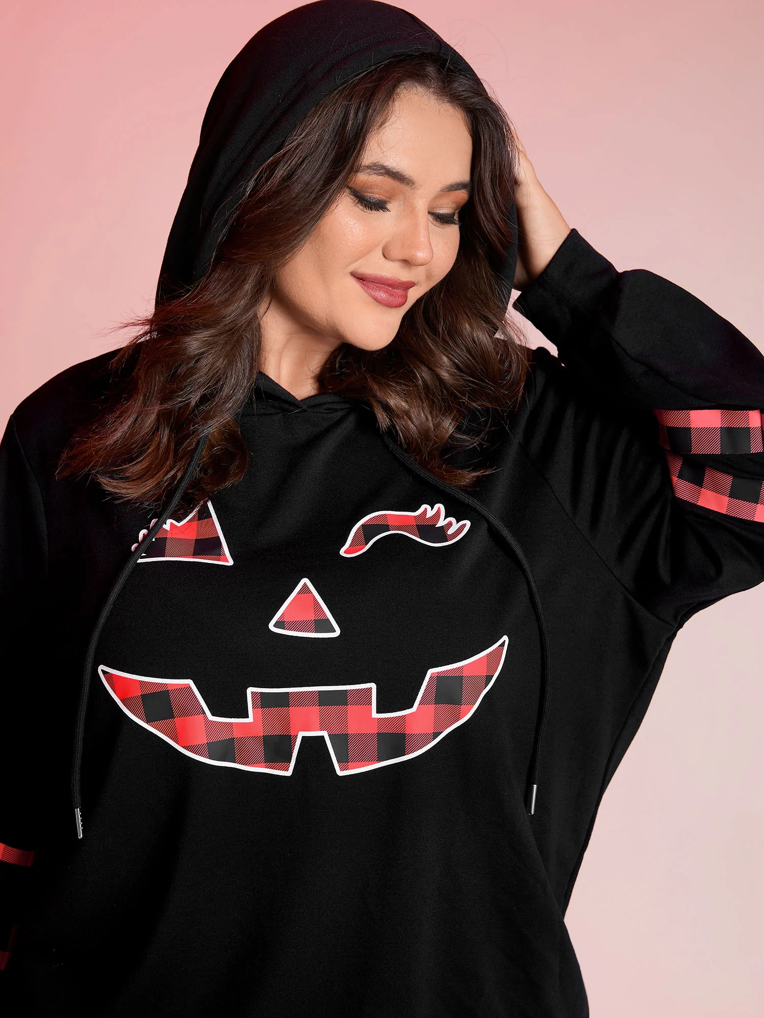 Pumpkin Plaid Print Solid Hoodie - Image 9
