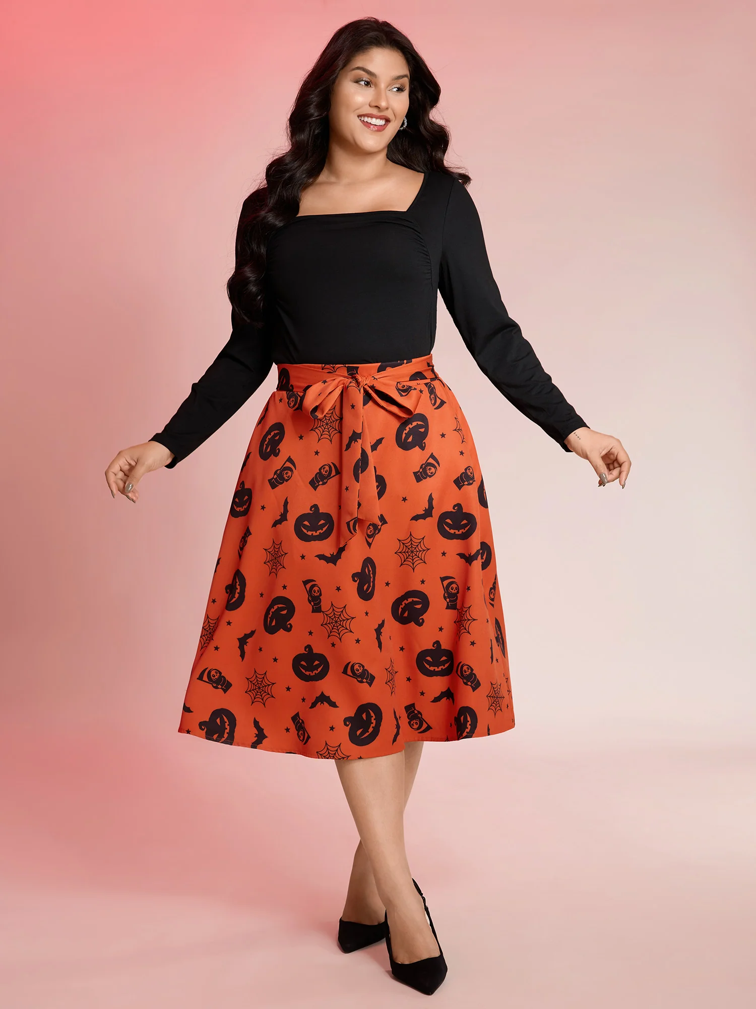 Pumpkin Print Belted Maxi Skirt - Image 2