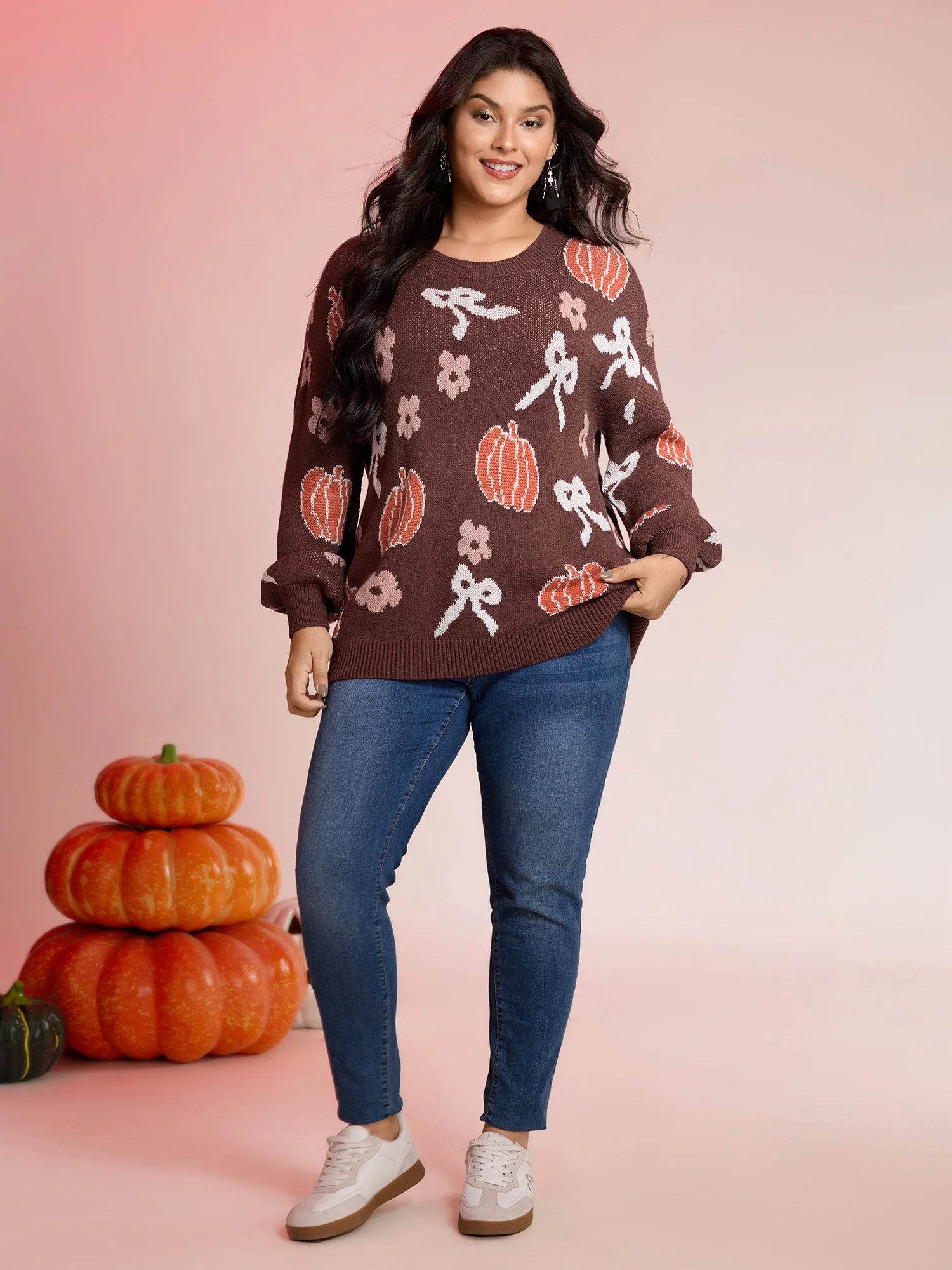 Pumpkin Print Ribbed Hem Pullover - Image 3