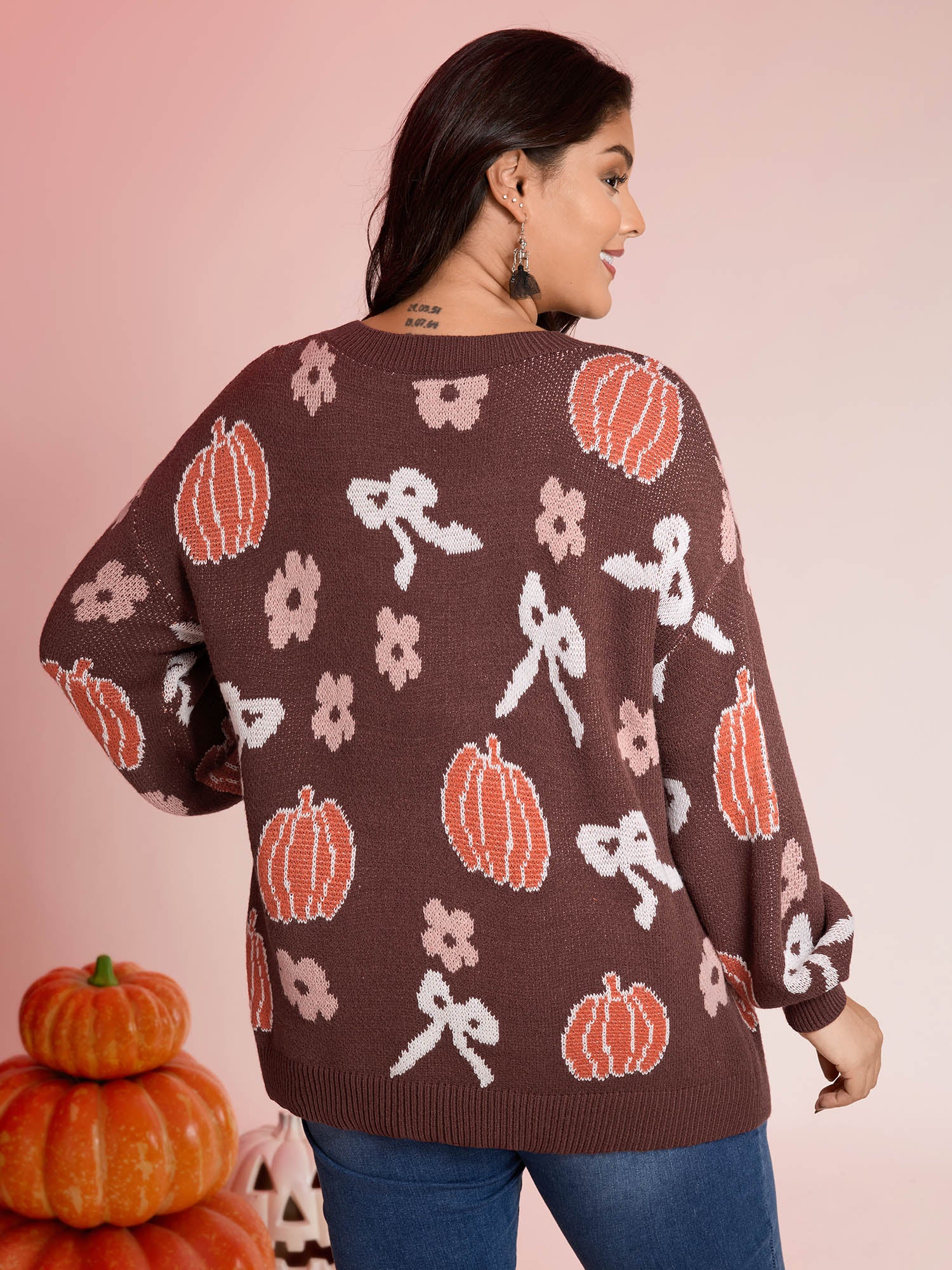 Pumpkin Print Ribbed Hem Pullover - Image 4