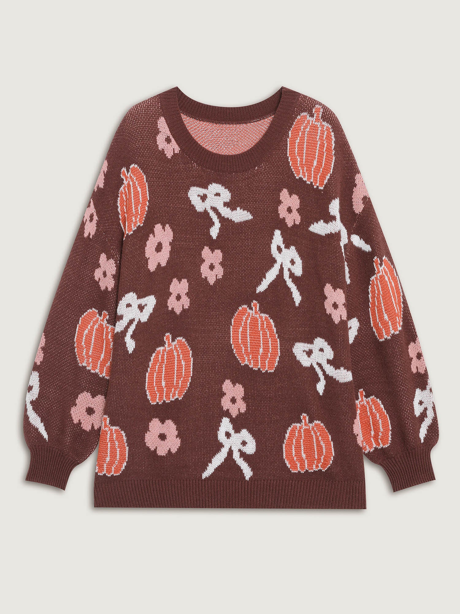 Pumpkin Print Ribbed Hem Pullover - Image 7