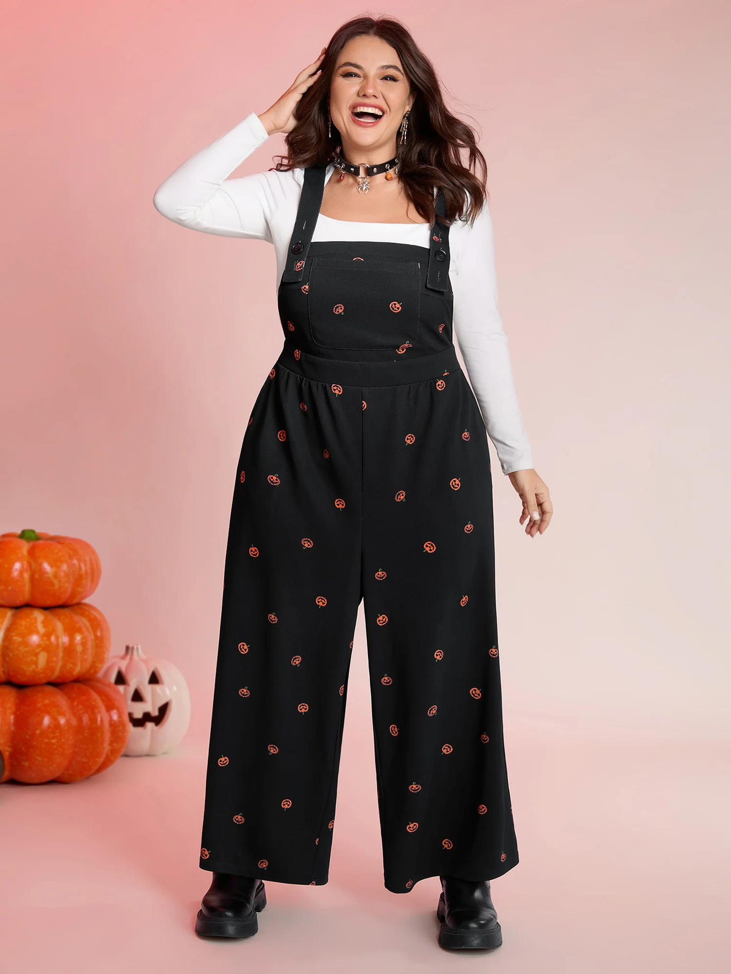 Pumpkin Print Stretchy Overall Strap Jumpsuit - Image 3
