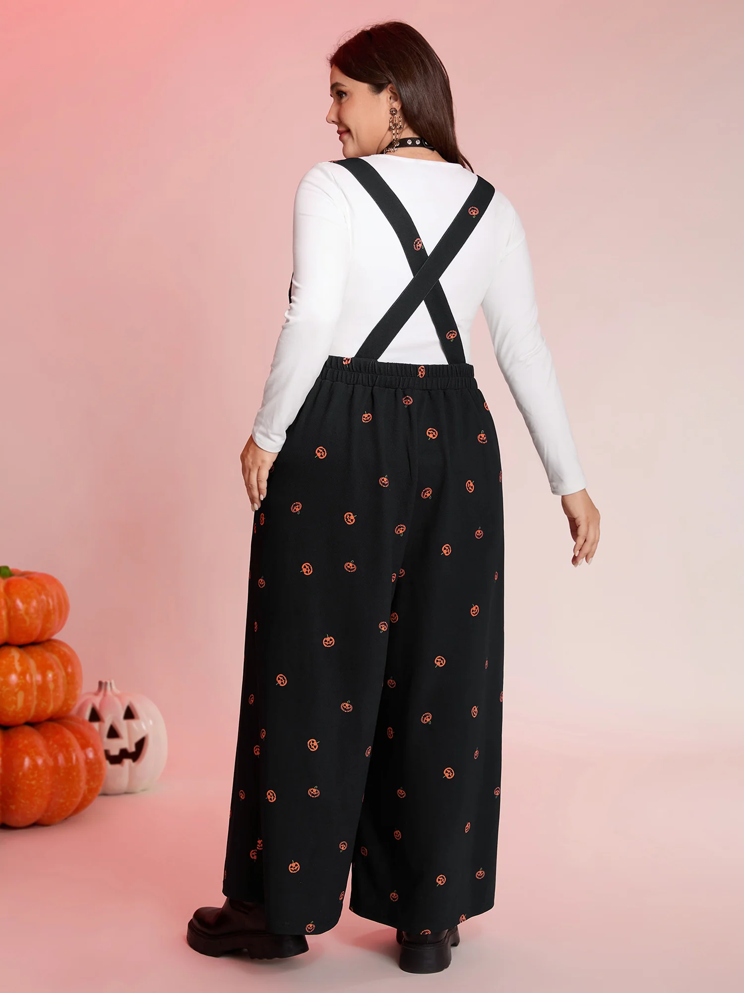 Pumpkin Print Stretchy Overall Strap Jumpsuit - Image 4