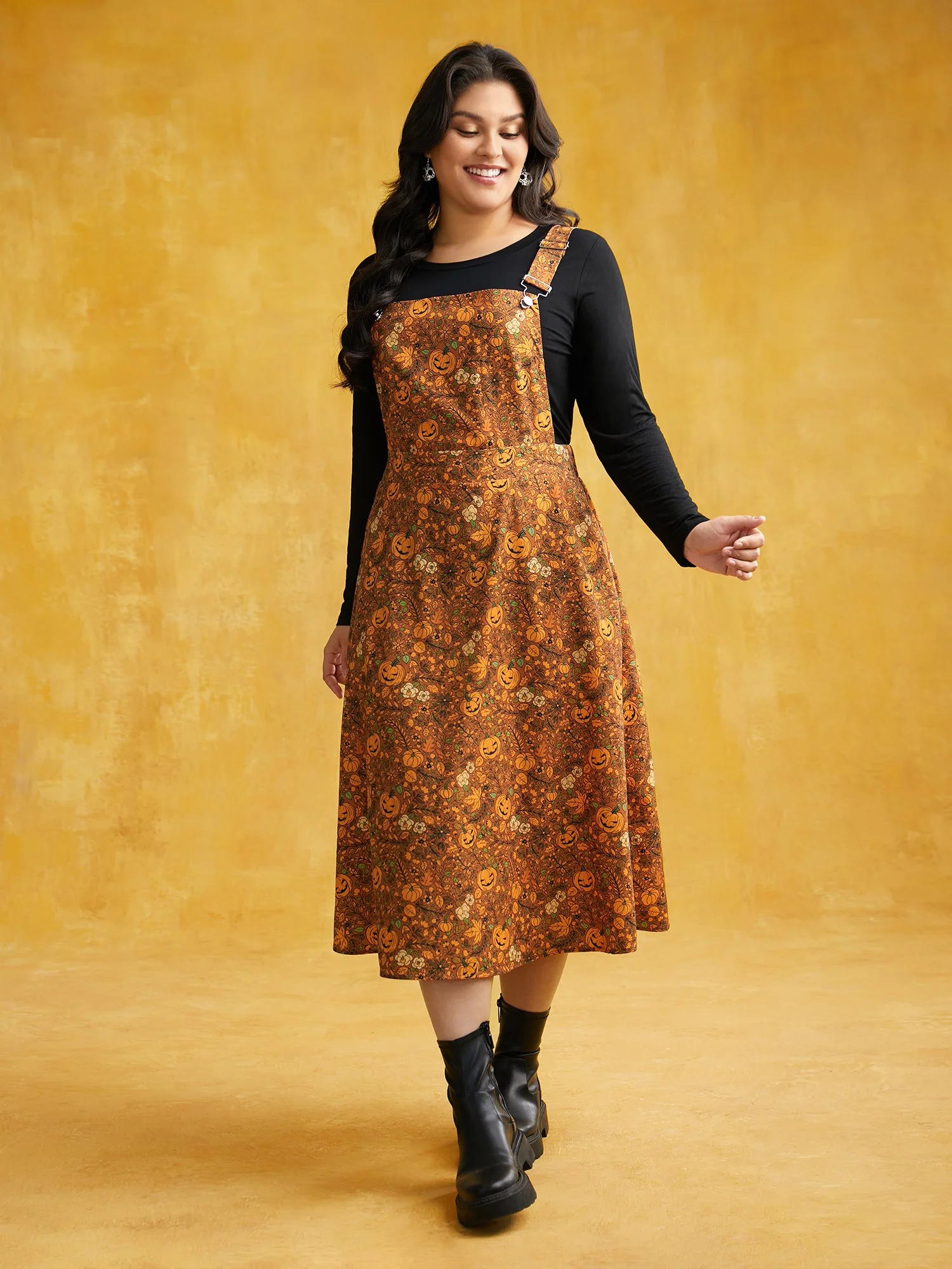 Pumpkin Print Suspender Midi Dress - Image 2