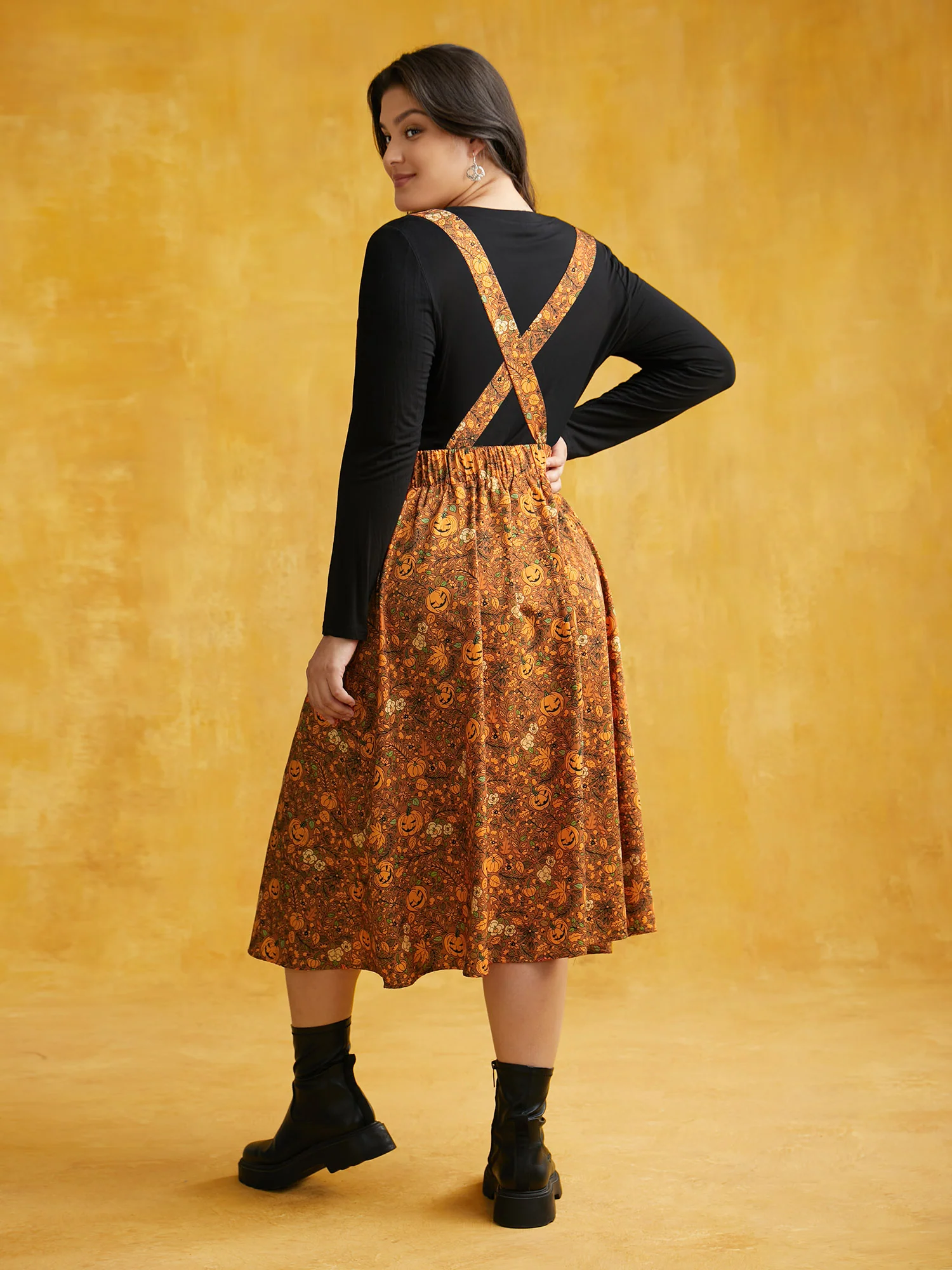 Pumpkin Print Suspender Midi Dress - Image 3