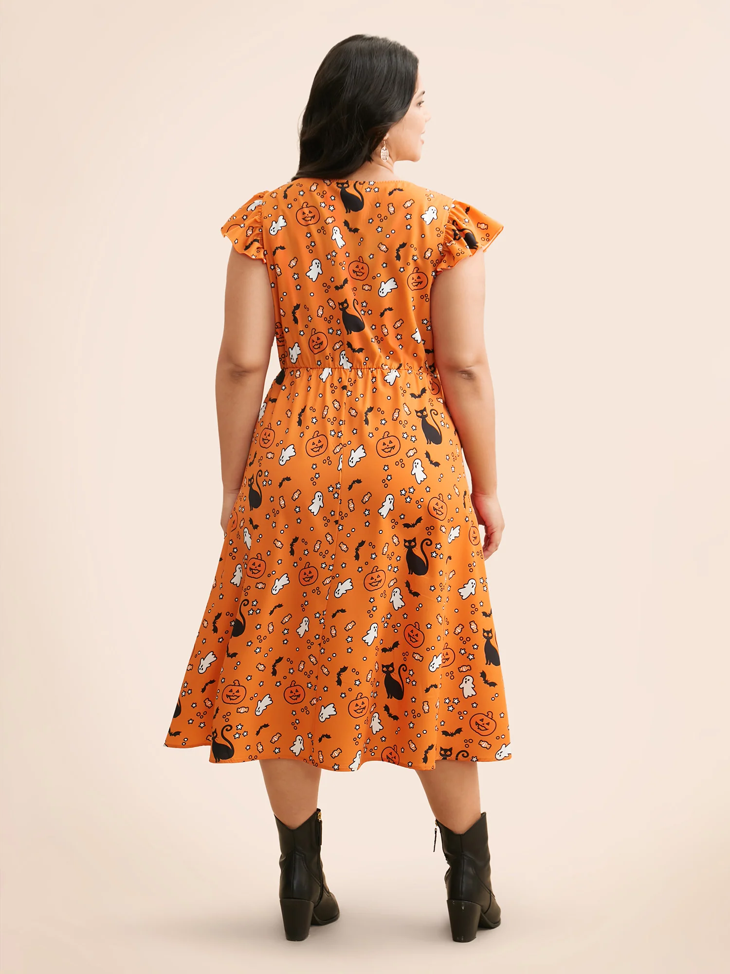 Pumpkin Printed Ruffle Sleeves Midi Dress - Image 10