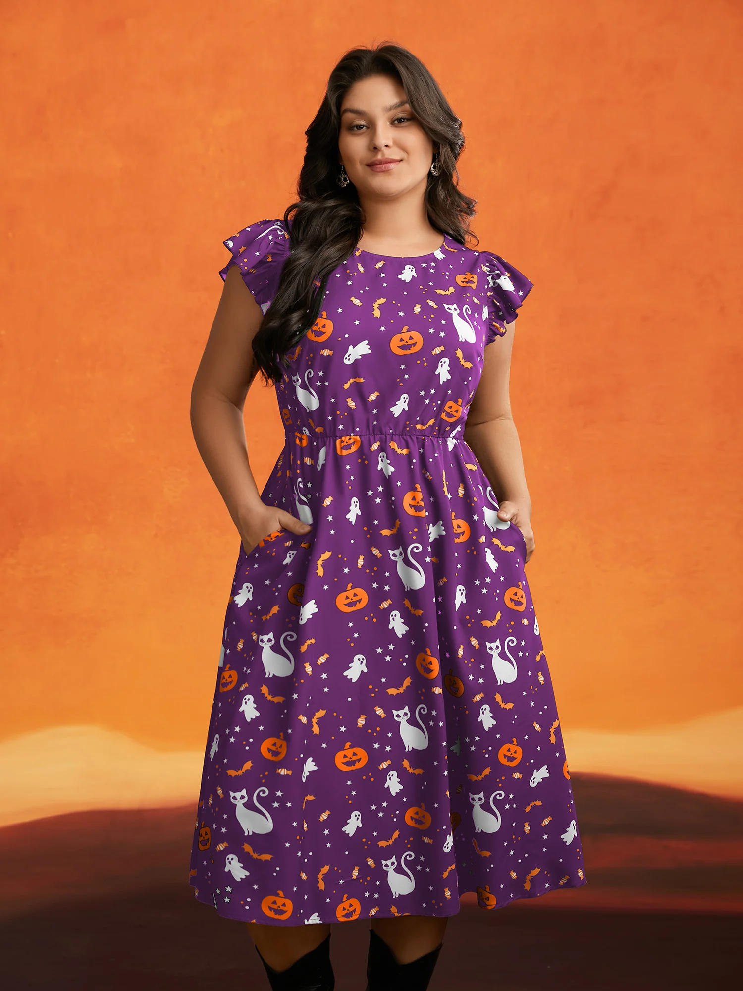 Pumpkin Printed Ruffle Sleeves Midi Dress - Image 11