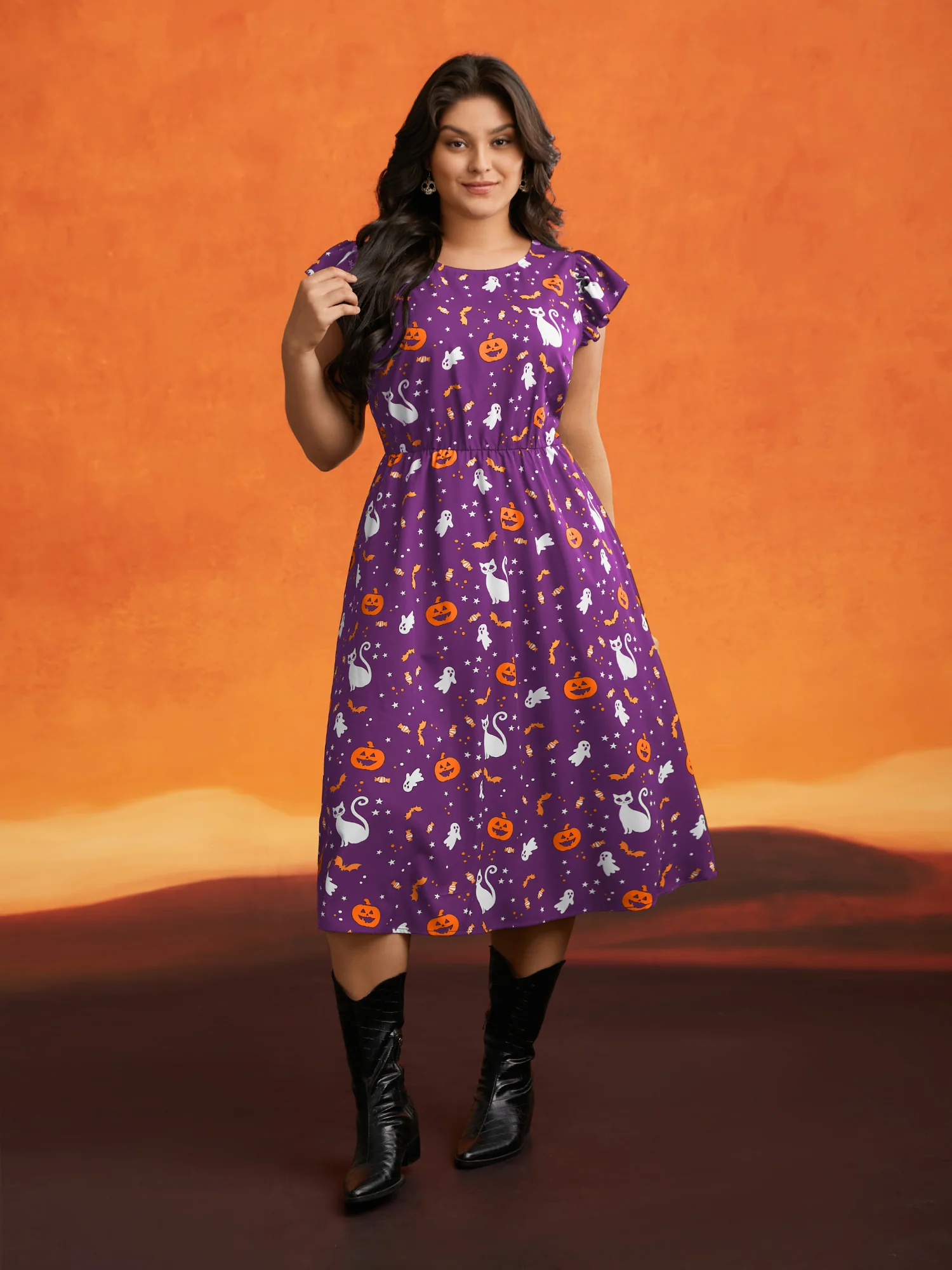 Pumpkin Printed Ruffle Sleeves Midi Dress - Image 13