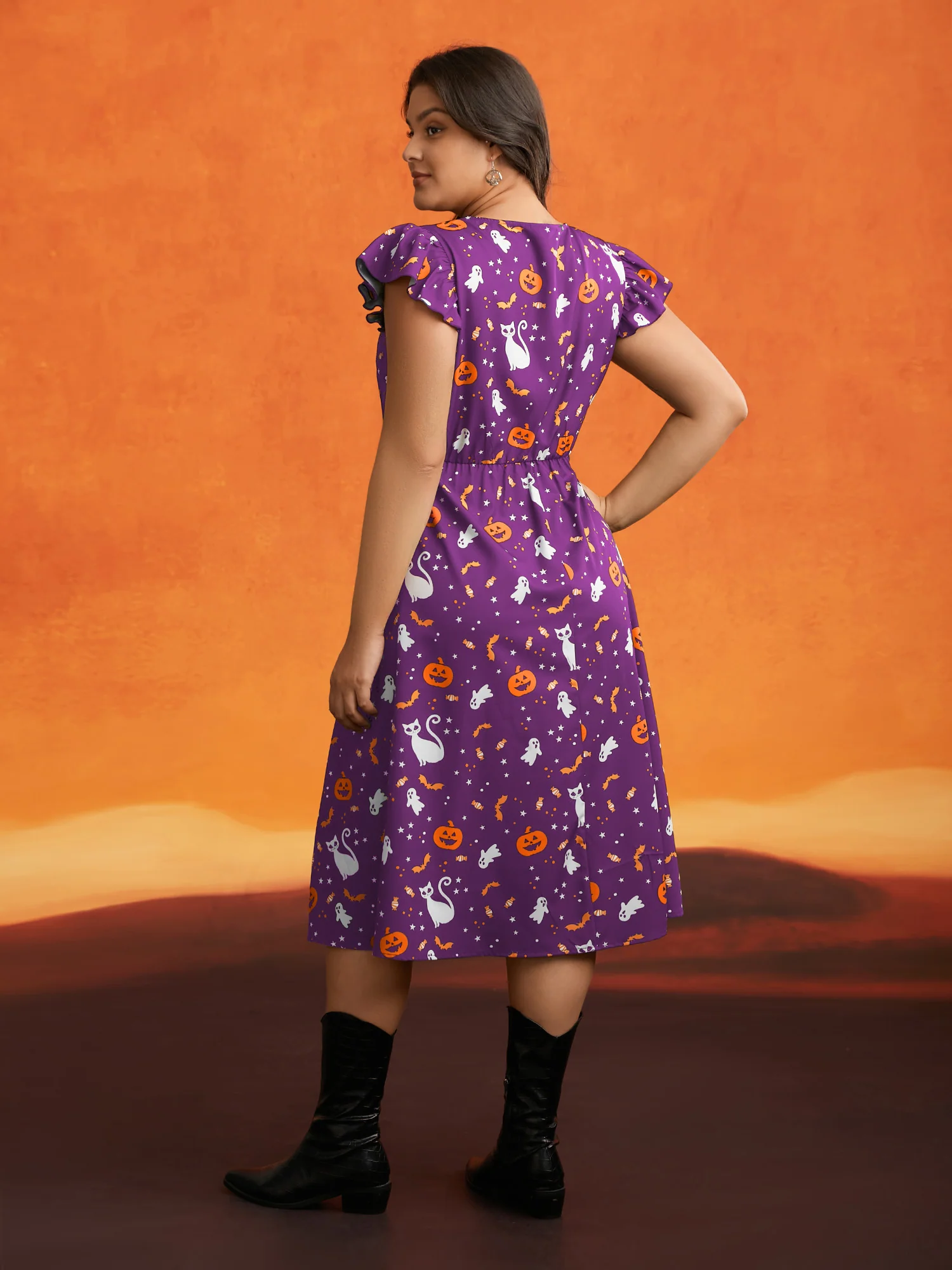 Pumpkin Printed Ruffle Sleeves Midi Dress - Image 14