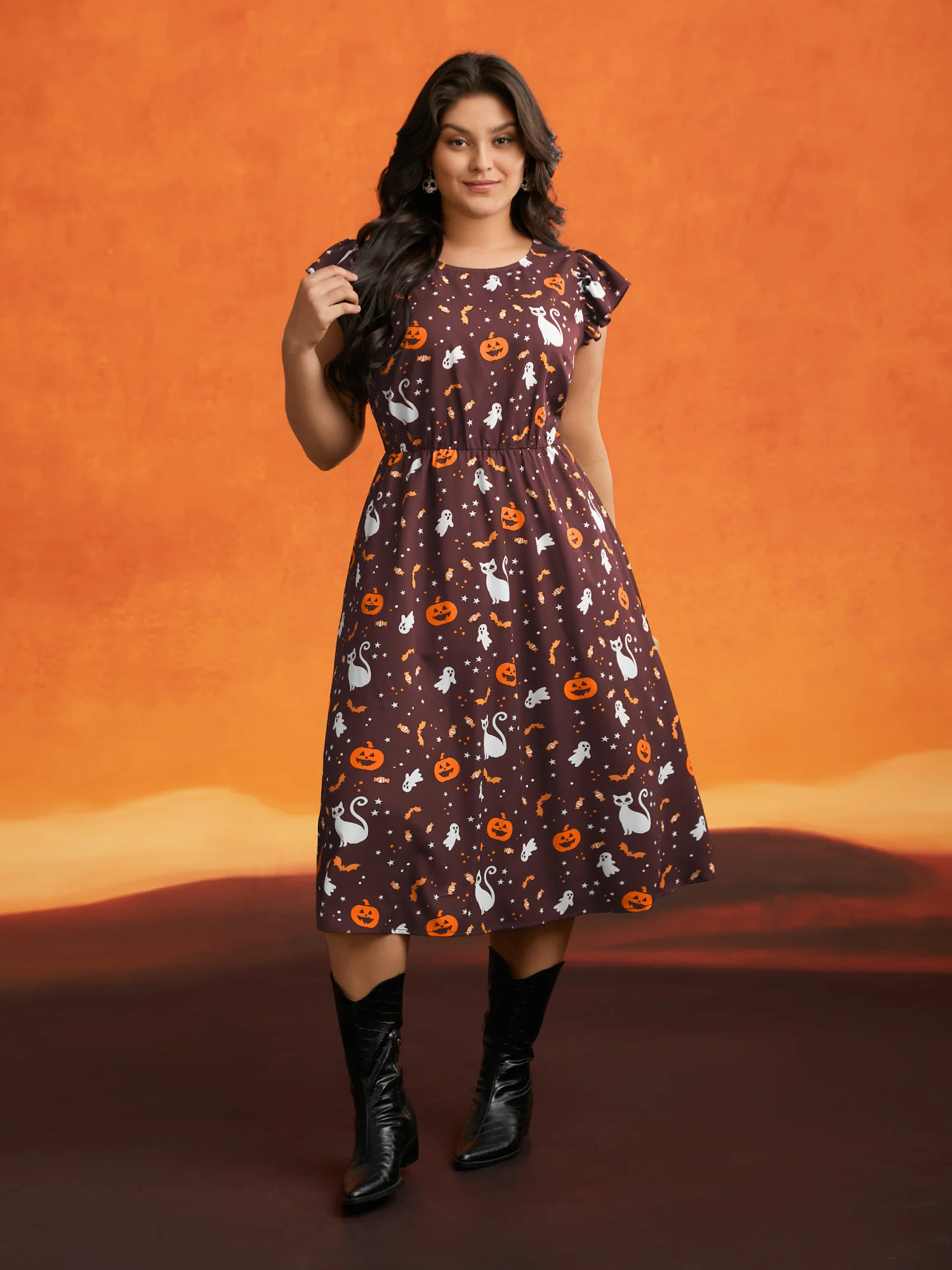 Pumpkin Printed Ruffle Sleeves Midi Dress - Image 17