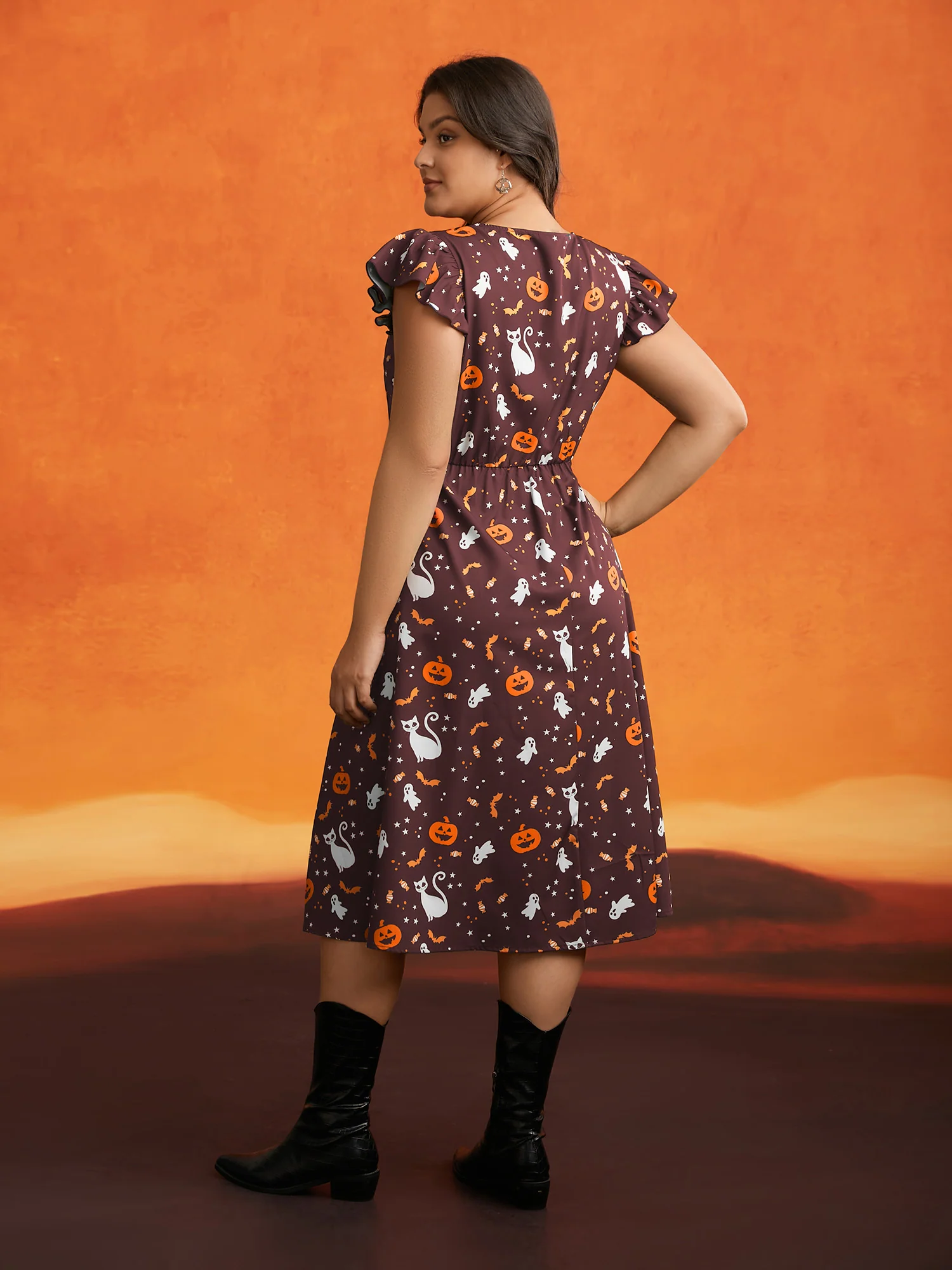 Pumpkin Printed Ruffle Sleeves Midi Dress - Image 18