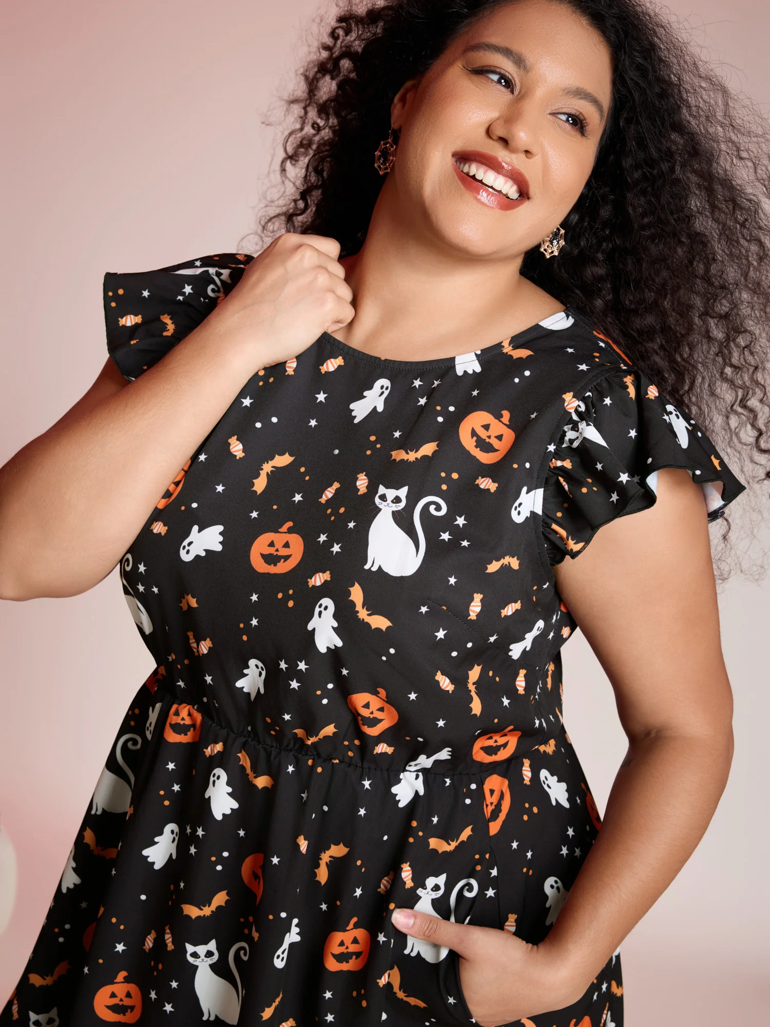Pumpkin Printed Ruffle Sleeves Midi Dress - Image 2