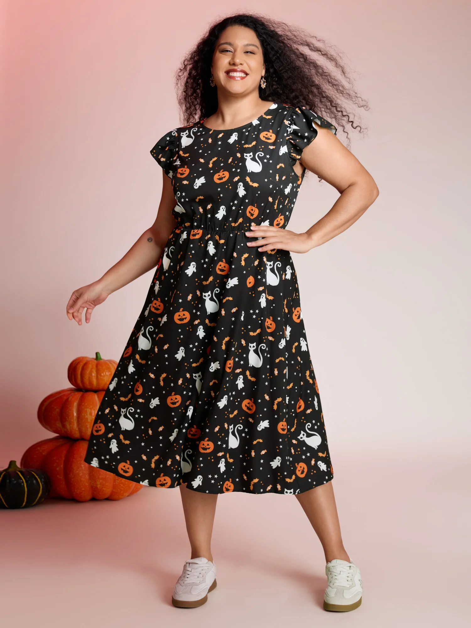 Pumpkin Printed Ruffle Sleeves Midi Dress - Image 3