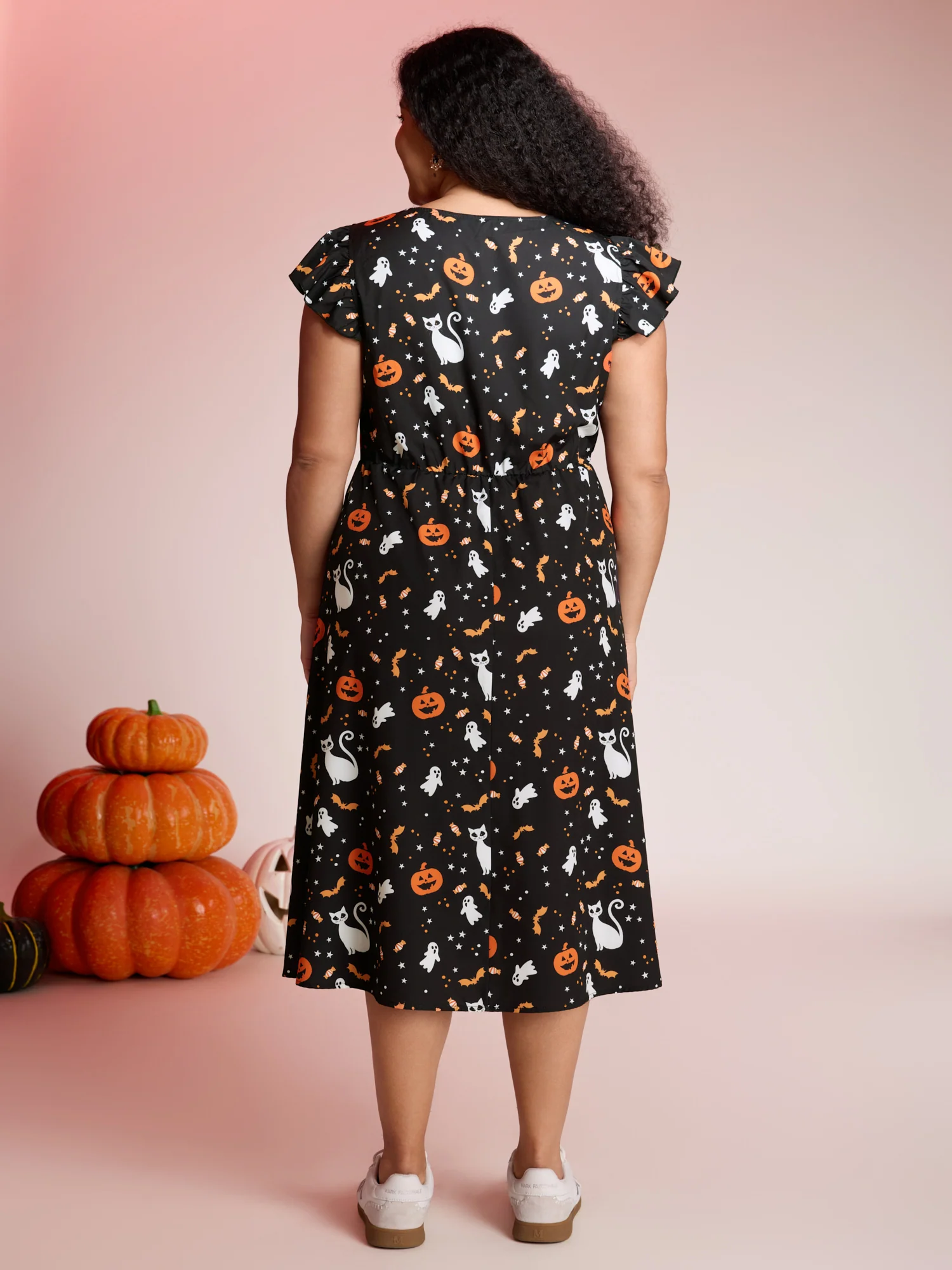 Pumpkin Printed Ruffle Sleeves Midi Dress - Image 4