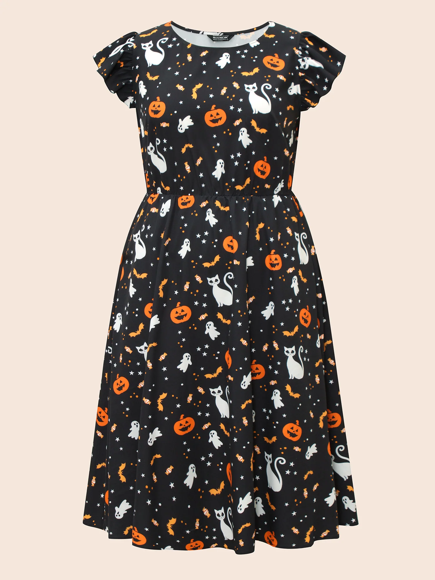 Pumpkin Printed Ruffle Sleeves Midi Dress - Image 7