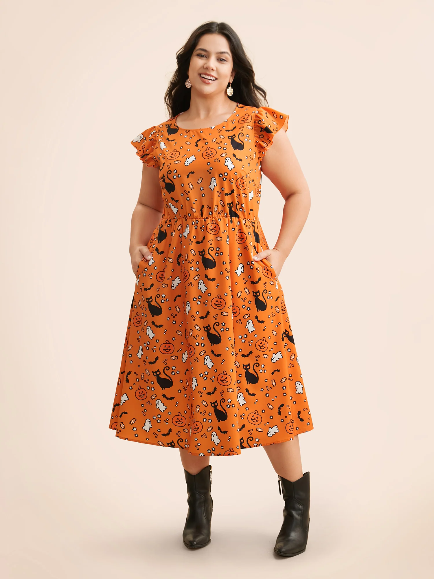 Pumpkin Printed Ruffle Sleeves Midi Dress - Image 8