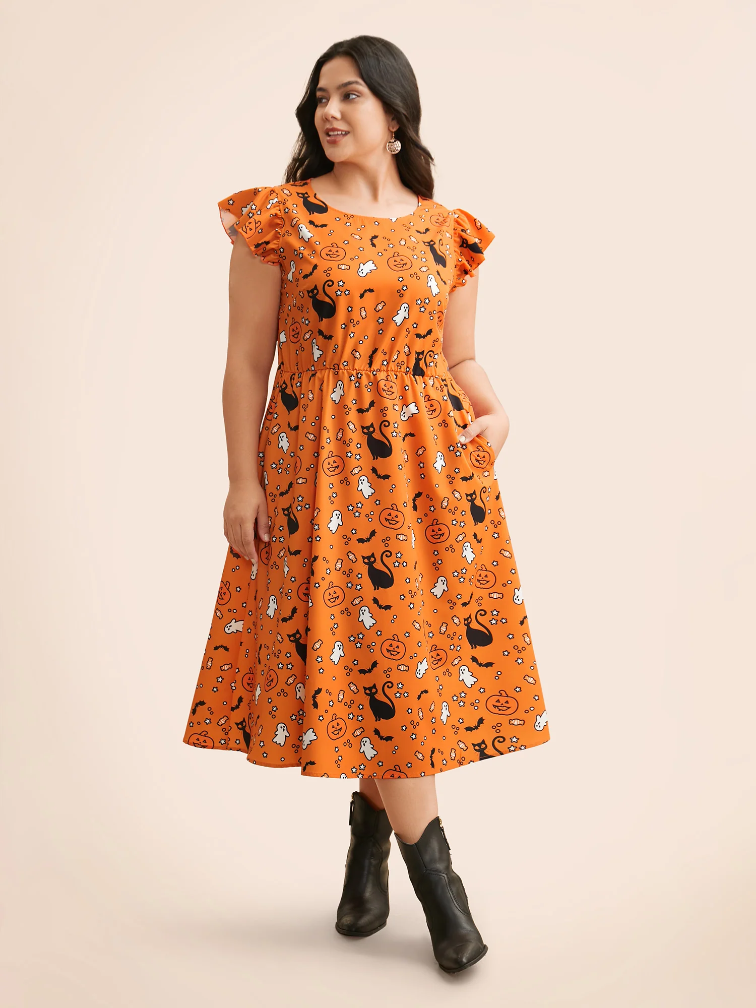 Pumpkin Printed Ruffle Sleeves Midi Dress - Image 9